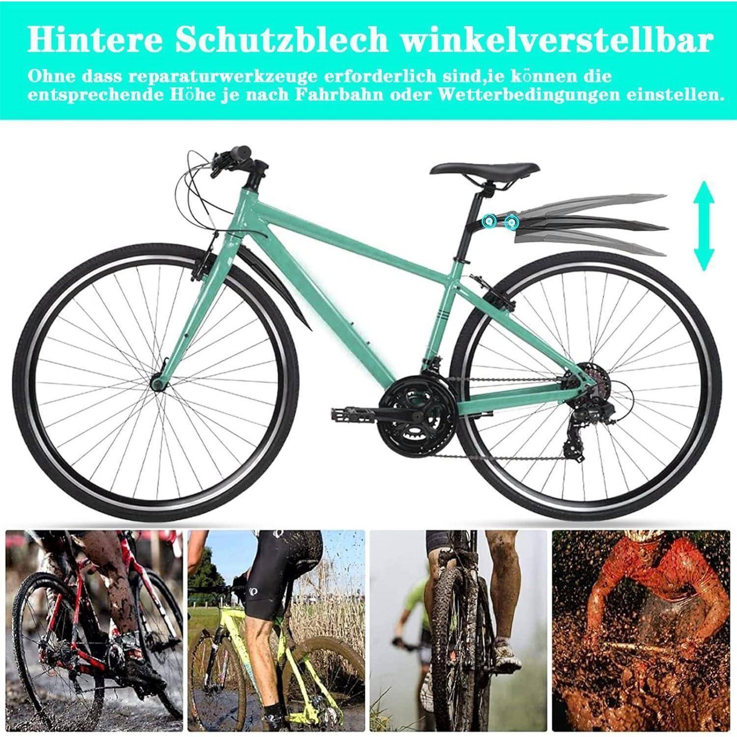 Verstellbarer hinterer Fahrraschutzblech; deutscher Text besagt, dass keine Werkzeuge benötigt werden und die Höhe für Straßen- oder Wetterbedingungen eingestellt werden kann.