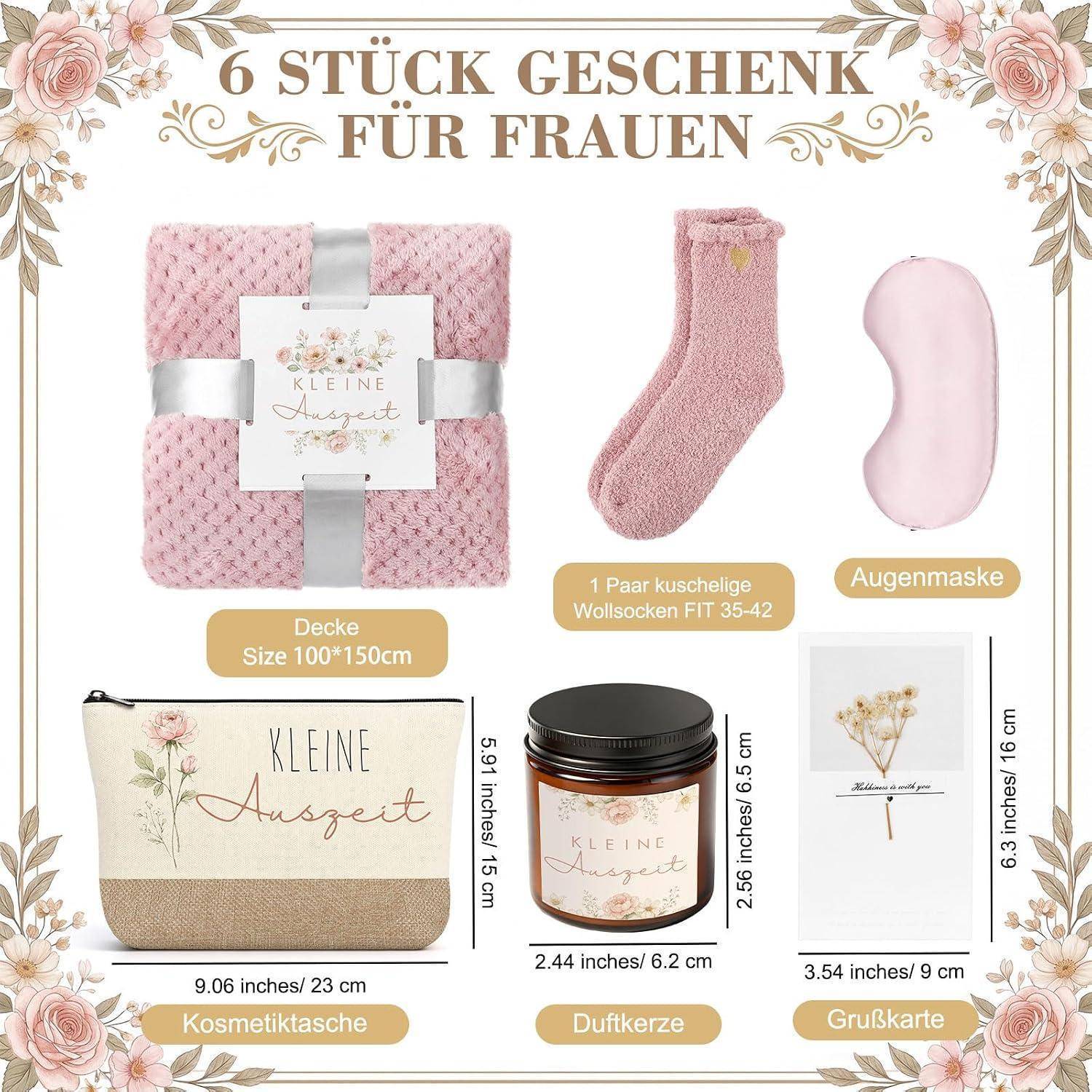 Geschenkset für Frauen mit sechs Artikeln: rosa Decke, Wollsocken, Schlafmaske, Kosmetiktasche, duftende Kerze und Grußkarte.