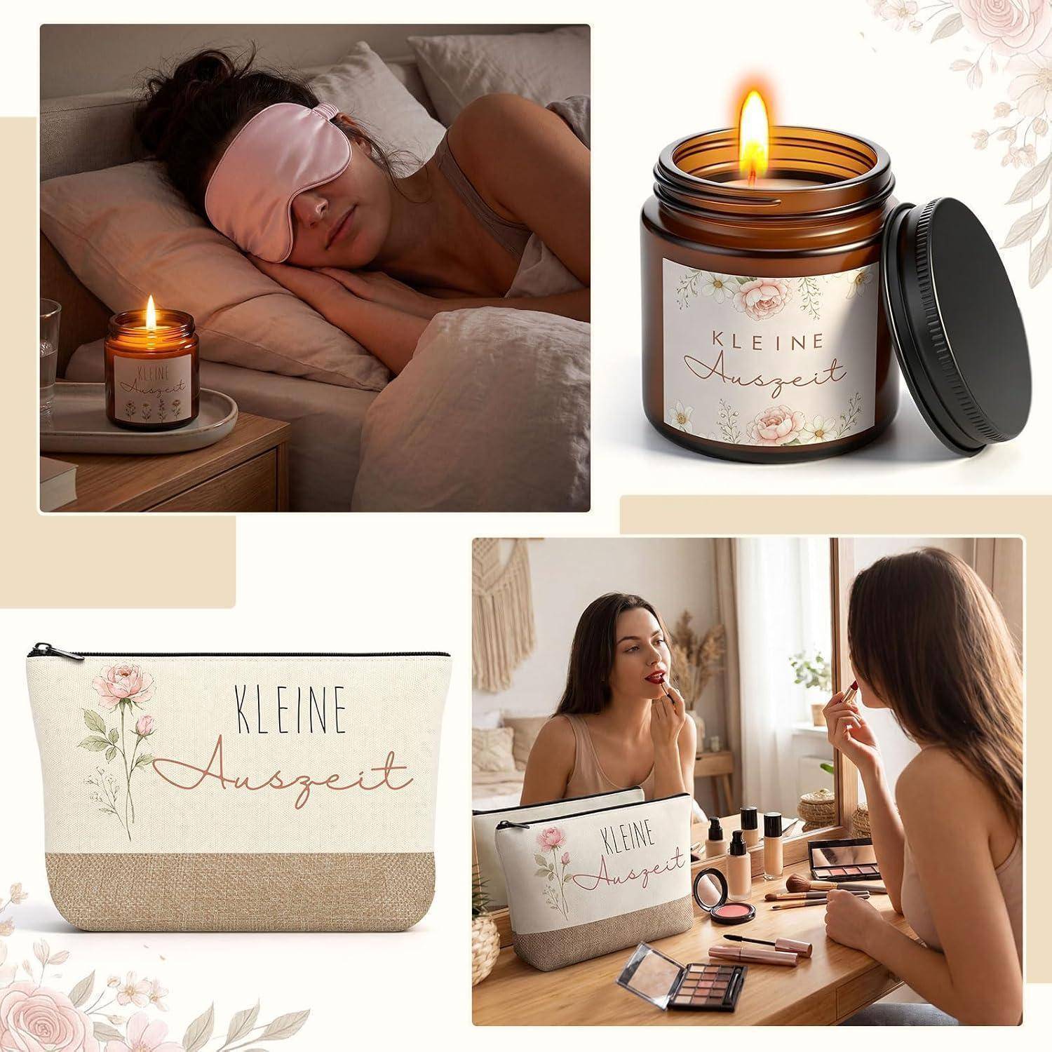Collage mit der Kerze „Kleine Auszeit" und einer Kosmetiktasche, zeigt eine Frau, die sich im Bett entspannt, und eine andere, die sich am Frisiertisch schminkt.