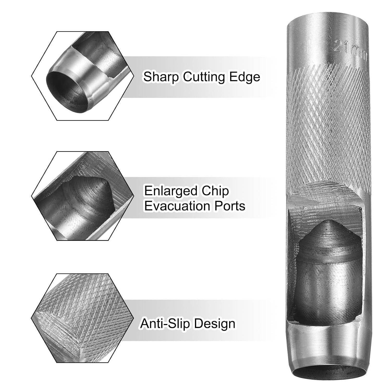 Kommentiertes Bild eines Metallschneidewerkzeugs mit einer scharfen Schneidkante, vergrößerten Spanabfuhrlöchern und einem rutschfestem geripptem Design.