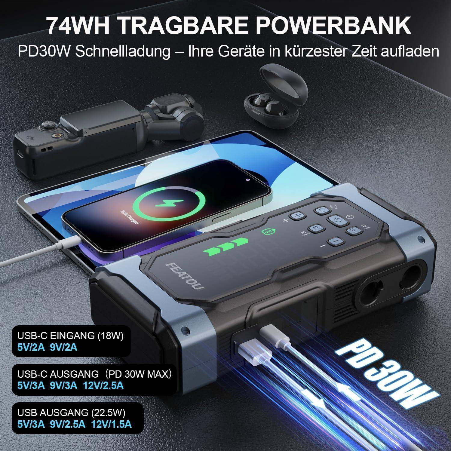 Starthilfe Powerbank für PKW 7000A - Starthilfe Auto Starter Powerbank mit Luftpumpe 150PSI, 12V Autostarter Powerpack 30W Schnellladung, Batterie