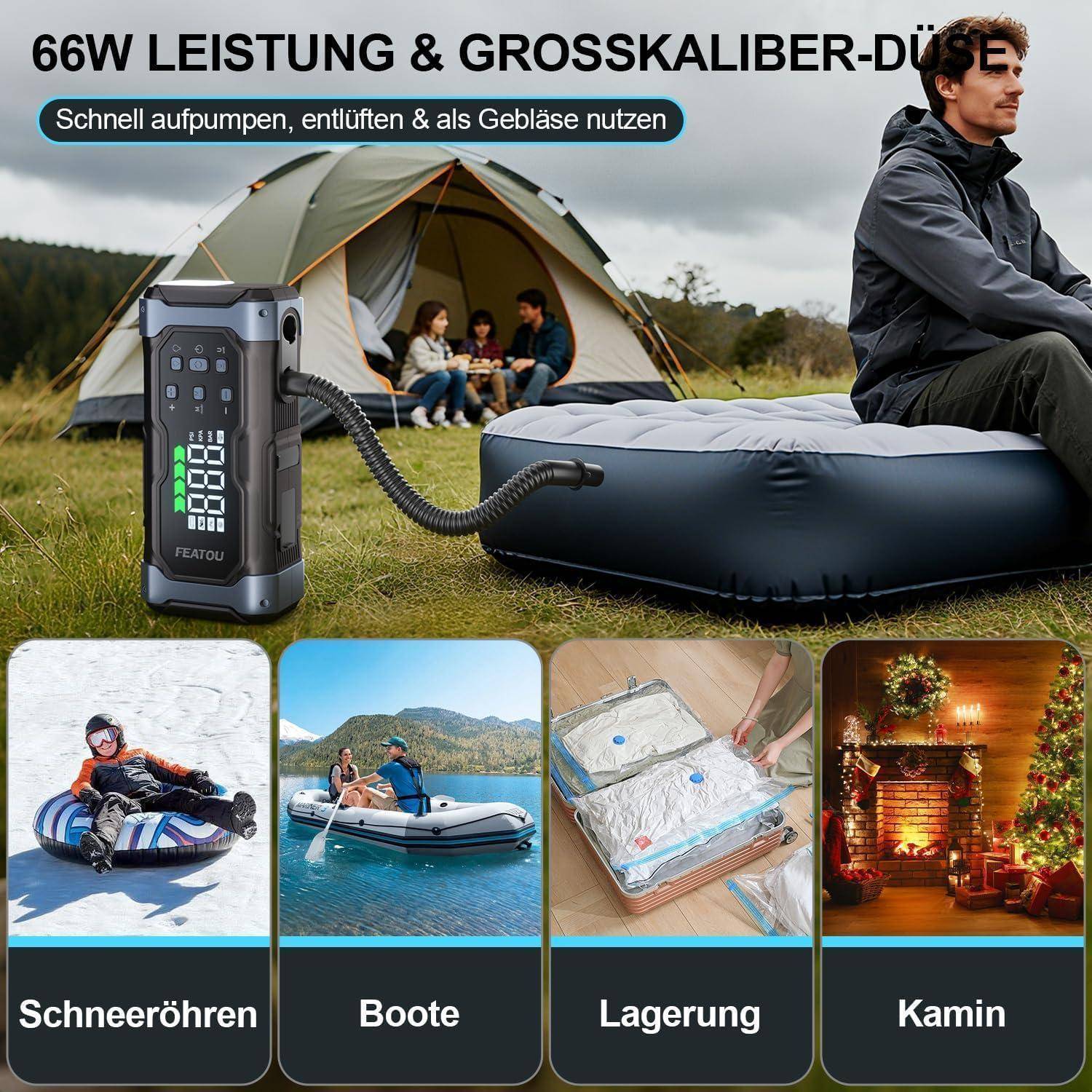 Tragbare elektrische Luftpumpe bläst eine Luftmatratze neben einem Zelt auf; die Anzeige hebt 66W Leistung, schnelles Aufblasen/Ablassen und Verwendung für Schneeschläuche, Boote, Lagerung und Kaminanzündung hervor.