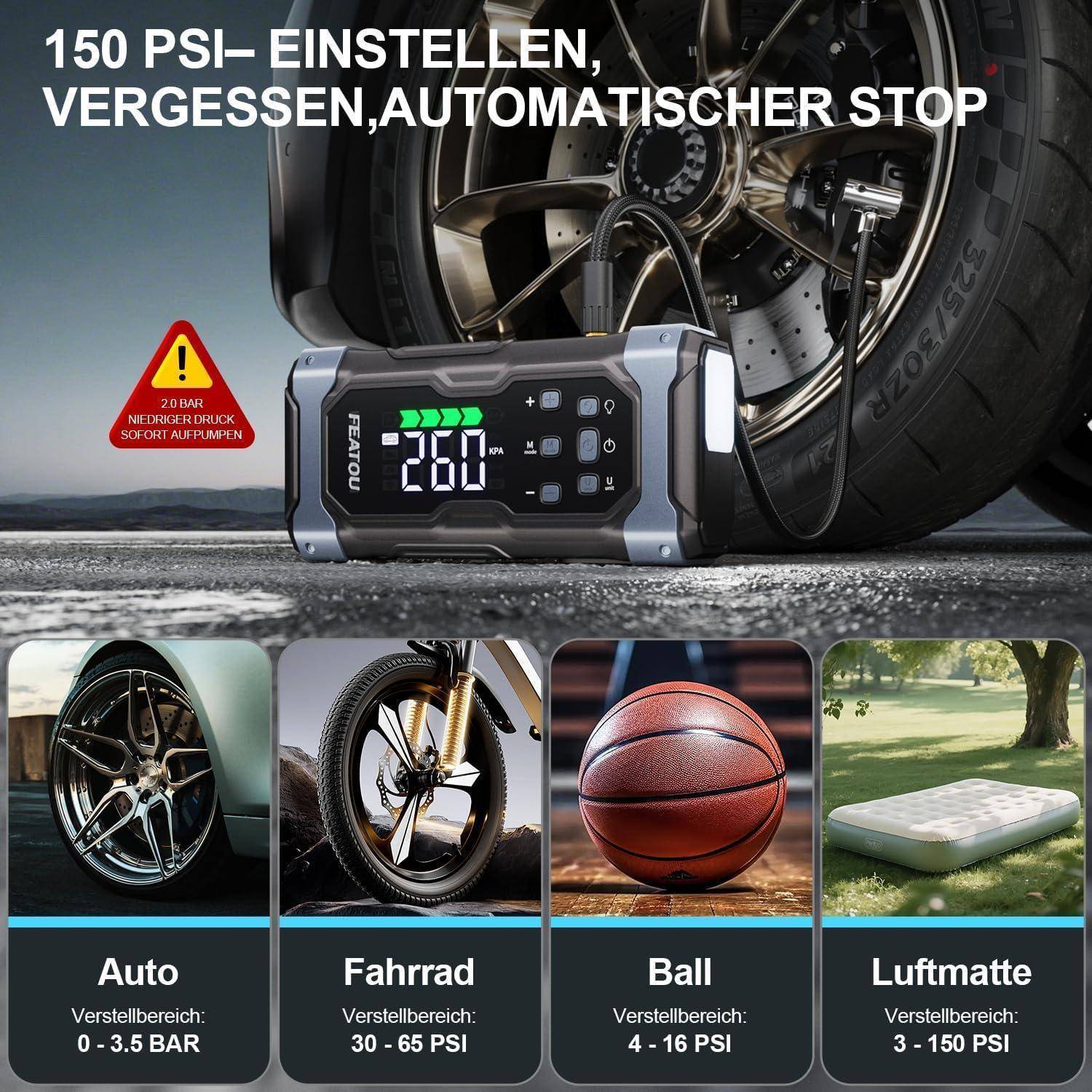 Werbung für eine digitale Luftpumpe mit Anzeige von „150 PSI