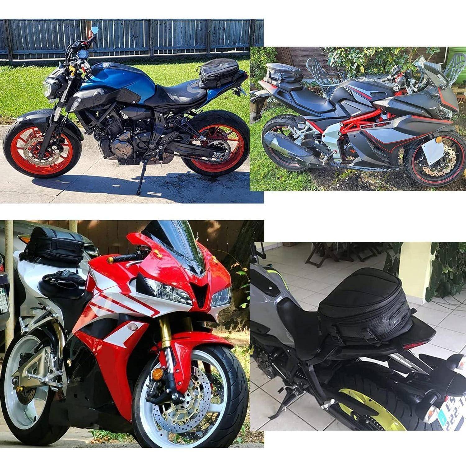 Collage aus vier Sportmotorrädern in verschiedenen Farben und Stilen, die draußen und drinnen geparkt gezeigt werden.