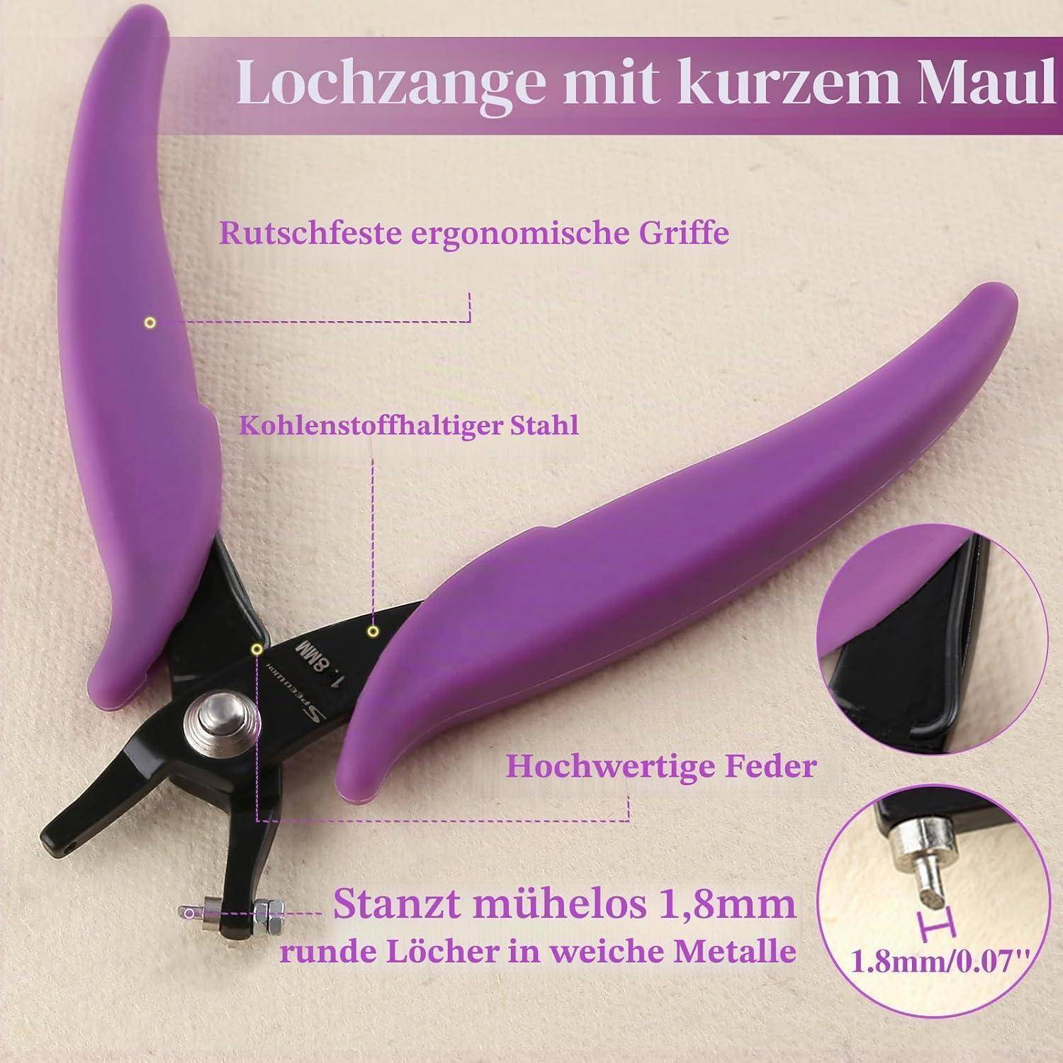 Lila Locheisen mit Etiketten in deutscher Sprache, die ergonomische Griffe, Kohlenstoffstahl, hochwertige Feder und 1,8 mm rundes Lochstanzwerkzeug hervorheben.