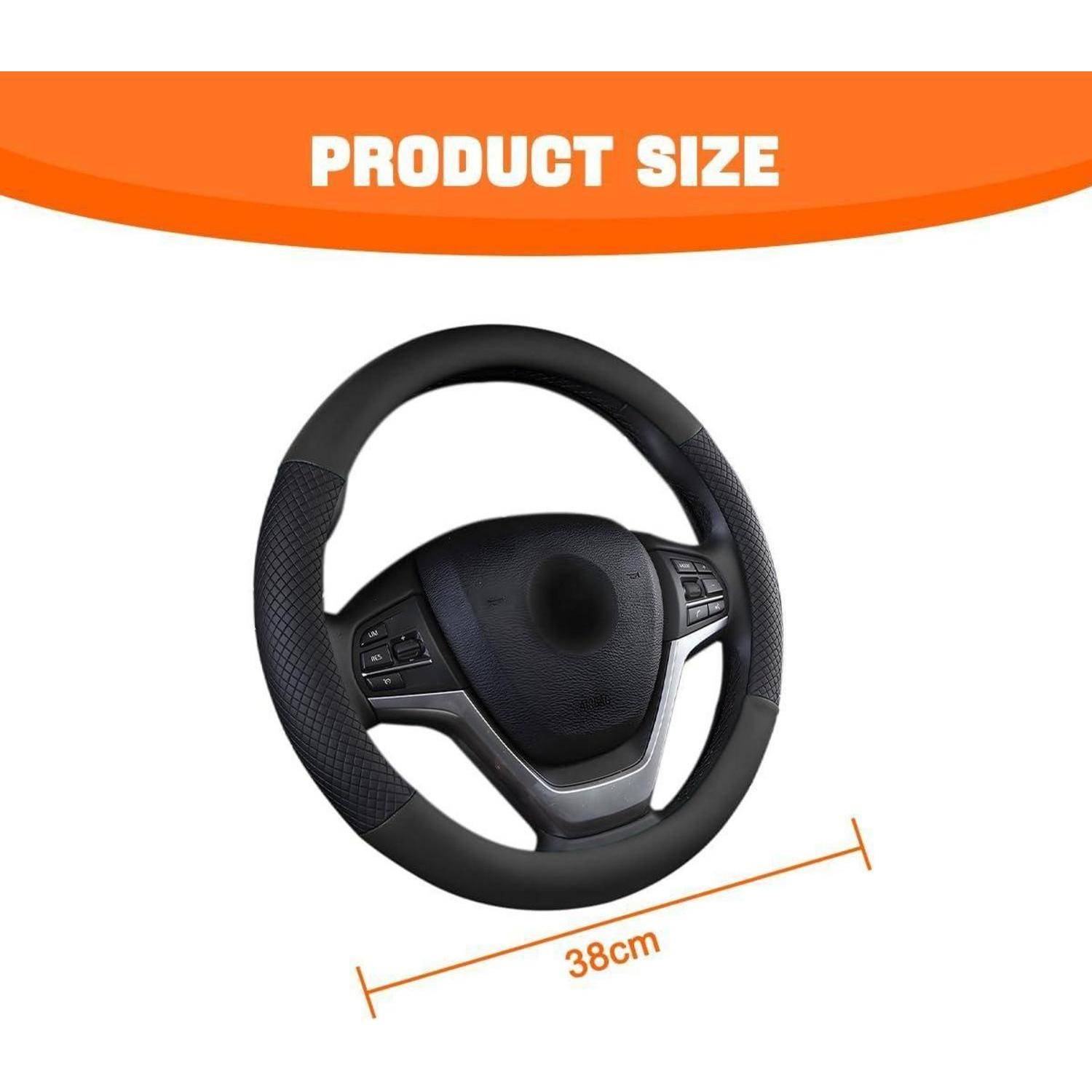 Produktgrößen-Grafik mit einem Lenkrad mit einem Durchmesser von 38 cm, das darunter beschriftet ist.