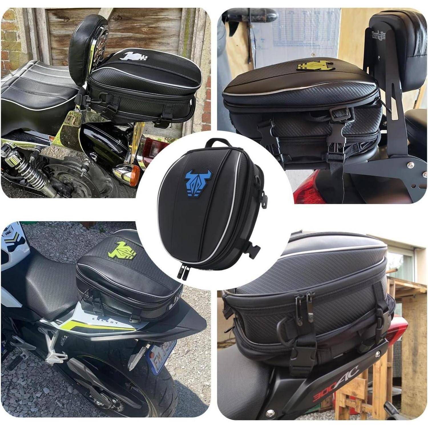 Collage eines schwarzen Motorrad-Hecktaschen montiert auf Sportmotorrädern, gezeigt aus mehreren Blickwinkeln, mit einer zentralen Produktansicht.