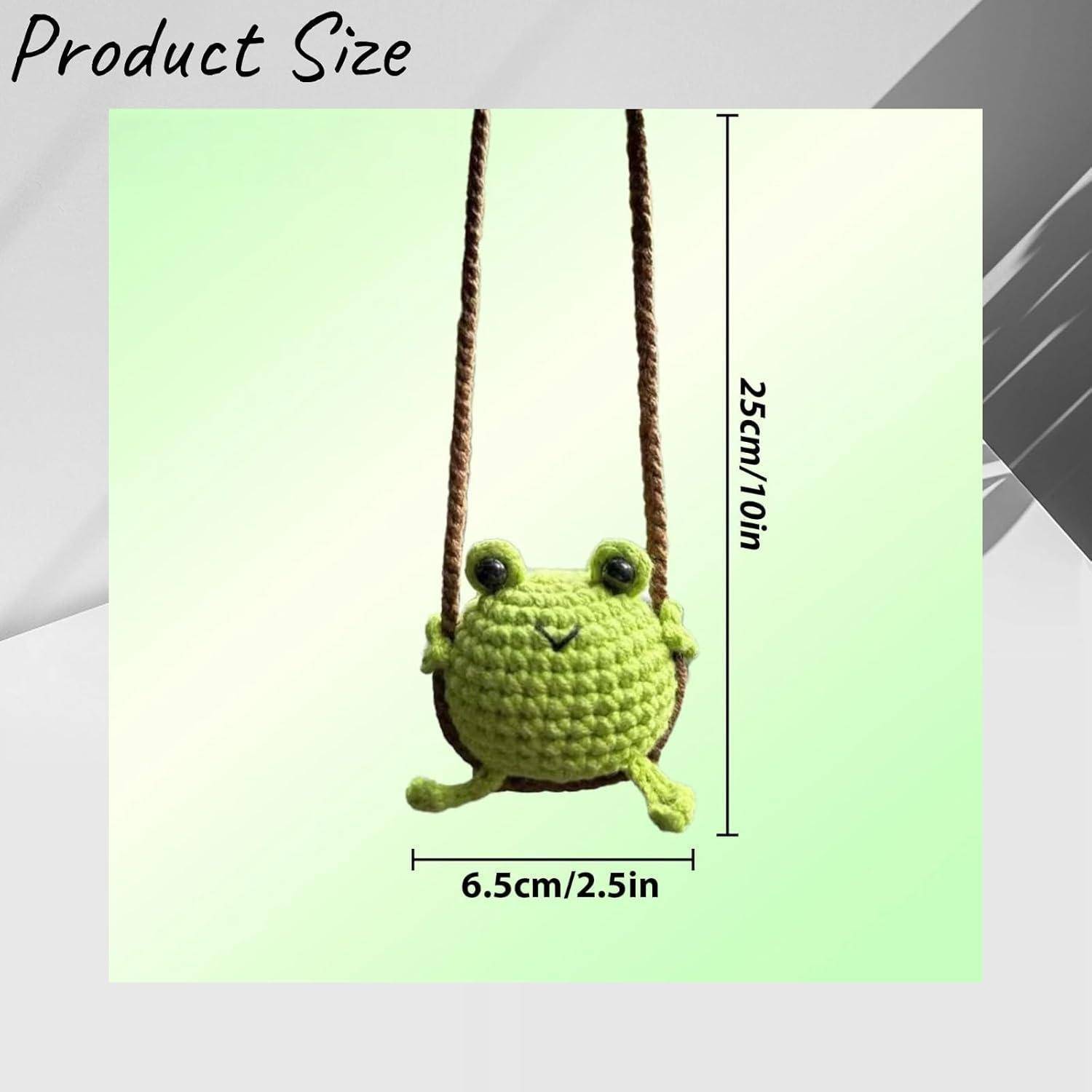 Größentabelle für ein gehäkeltes Frosch-Hänge-Spielzeug mit den Abmessungen: 25 cm (10 Zoll) Höhe und 6,5 cm (2,5 Zoll) Breite.