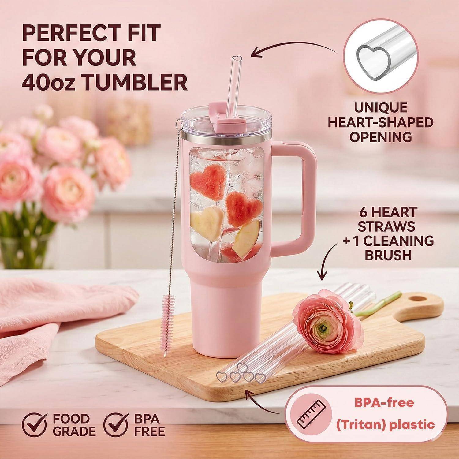 Rosa 40-oz-Becher mit herzförmiger Strohhalm-Öffnung, 6 Herzstrohhalme und Reinigungsbürste, gezeigt mit BPA-freien Tritan-Kunststoffetikett.
