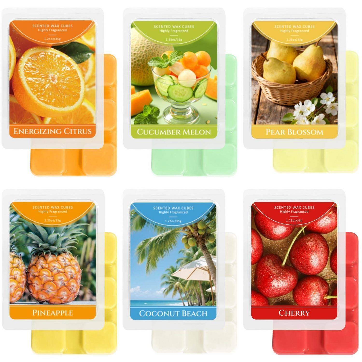 Sechs Packungen duftender Wachswürfel in drei Reihen, beschriftet mit Energizing Citrus, Cucumber Melon, Pear Blossom, Pineapple, Coconut Beach und Cherry, jeweils mit passend gefärbten Wachswürfeln.