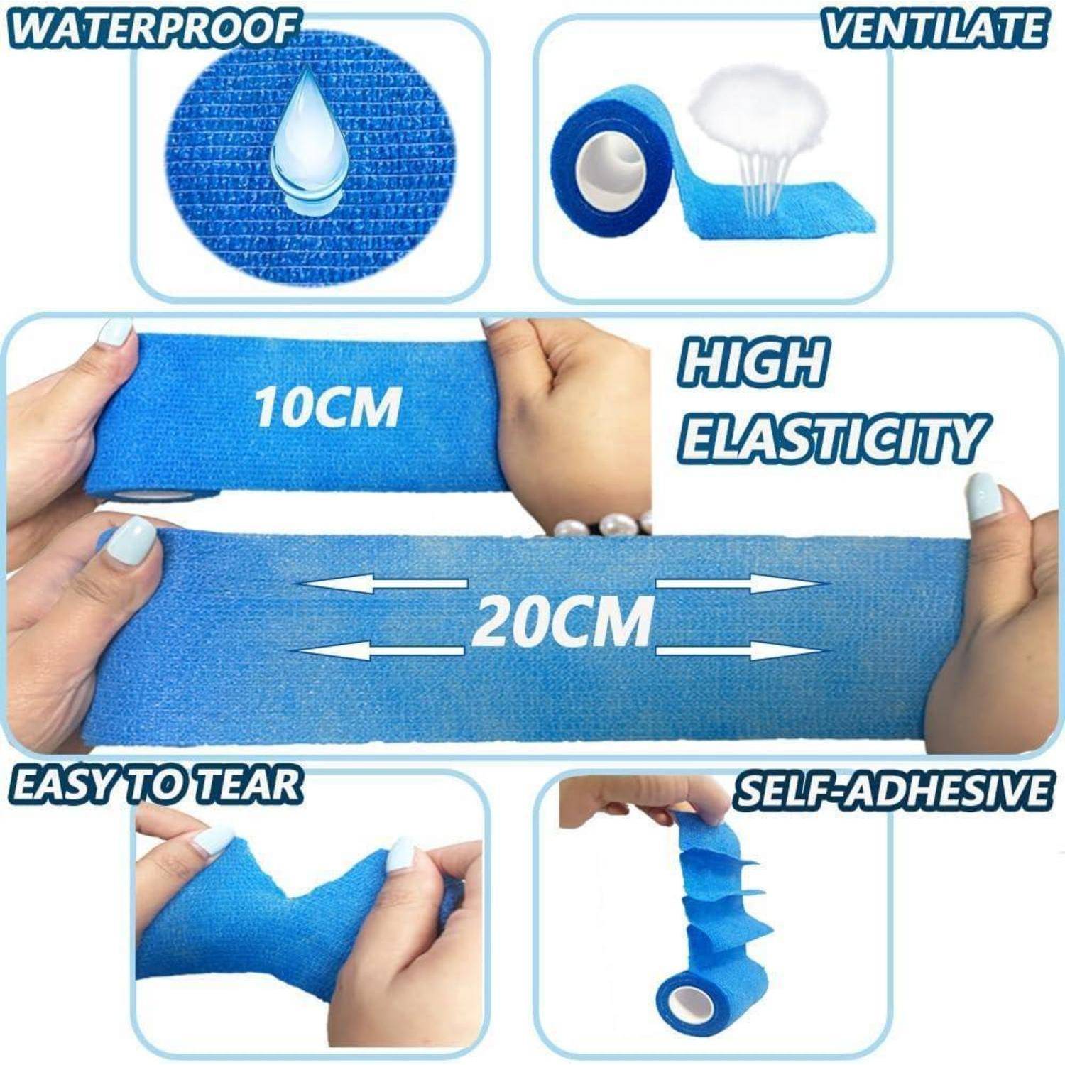 Werbegrafik mit blauem selbstklebendem Klebeband mit folgenden Eigenschaften: wasserdicht, belüftet, hohe Elastizität von 10 cm bis 20 cm, leicht zu reißen und selbstklebend.
