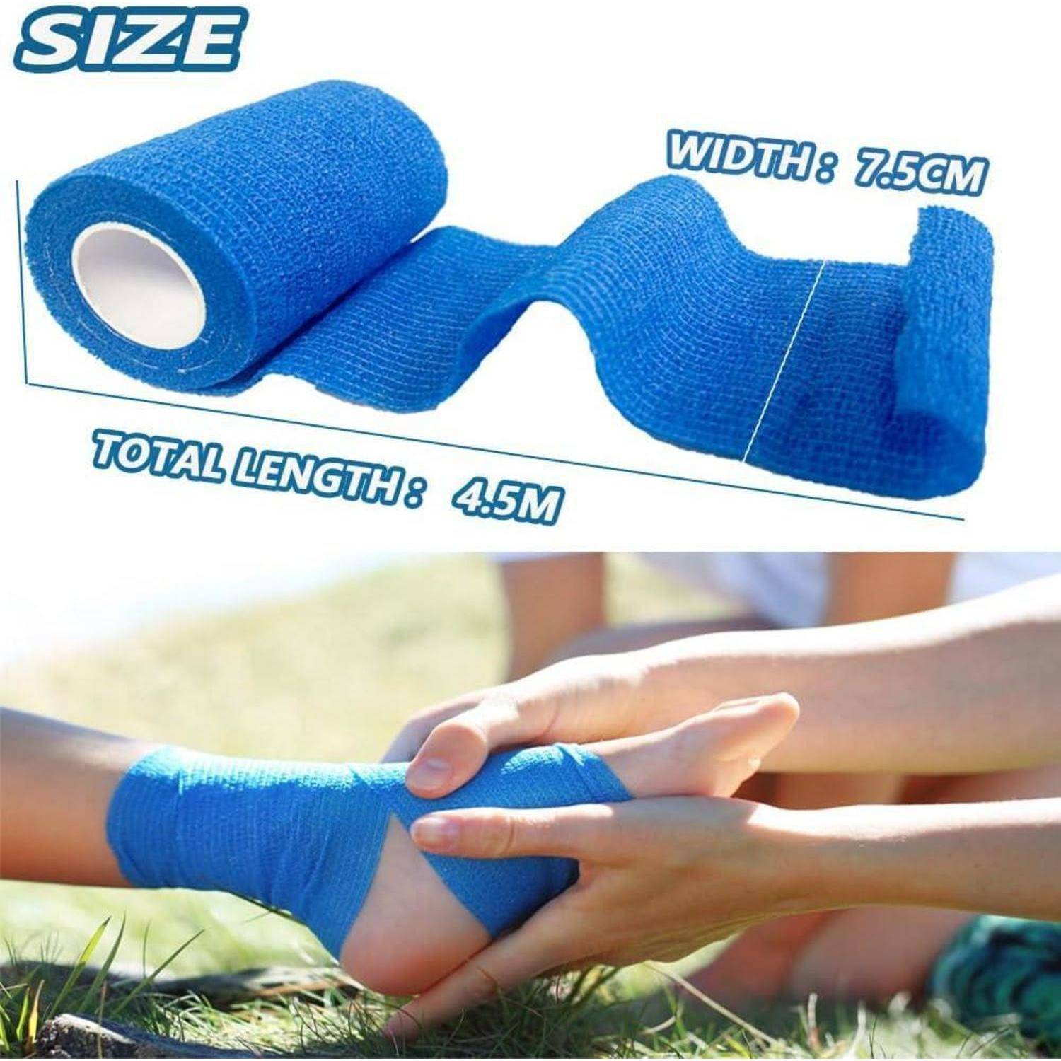 Blauroller aus elastischem selbstklebendem Verband, shown mit Größentext 'BREITE: 7,5CM' und 'GESAMTLÄNGE: 4,5M', plus eine Person, die ihn um einen Knöchel wickelt.