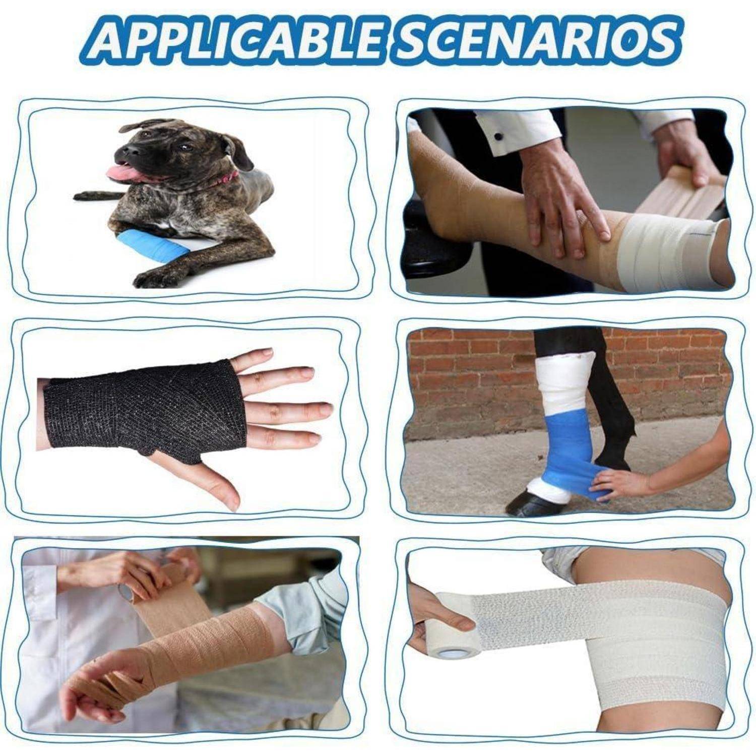 „Anwendungsszenarien" Collage mit Anwendungsbeispielen von elastischen Bandagierungen an einer Hundepfote, einem Knie, einem Handgelenk und einer Bein-/Knöchelverletzung.