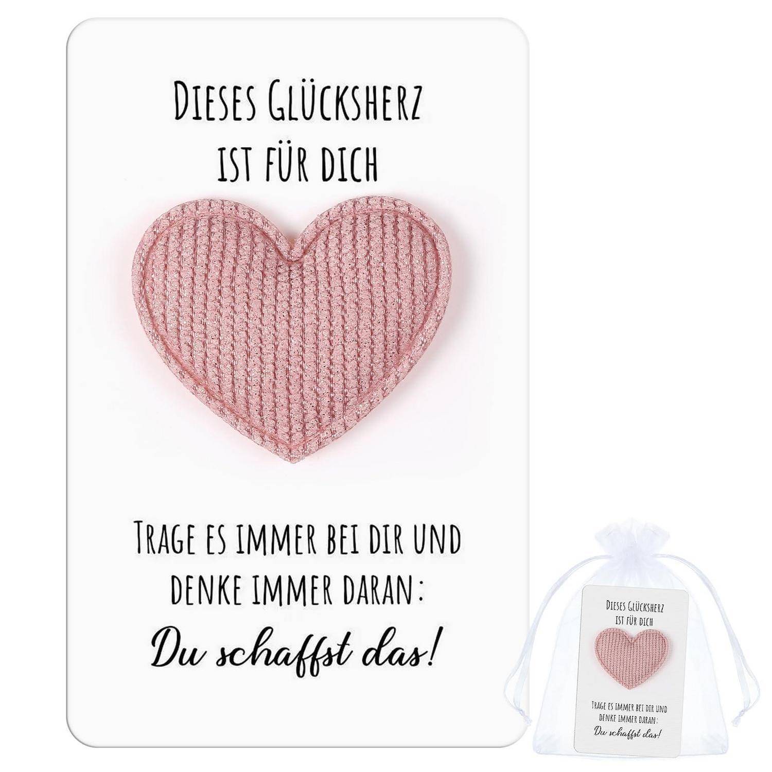 Geschenkkarte mit rosa Herz und deutschem Ermunterungstext: „Dieses Glücksherz ist für dich ... Du schaffst das!
