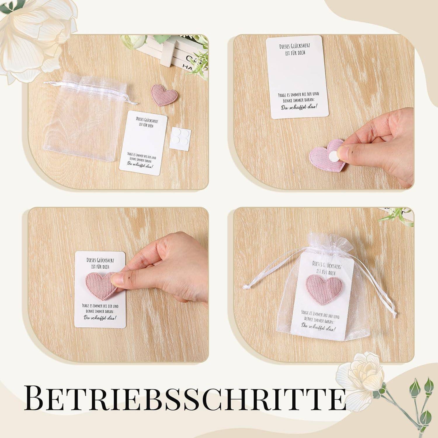 Glücksbringer Du Schaffst Das Geschenk Set, Rosa Glücksherz | Pocket Hug mit Karte, Stoffbeutel und Punktkleber, Aufmunterung für Freundin, Kollegi