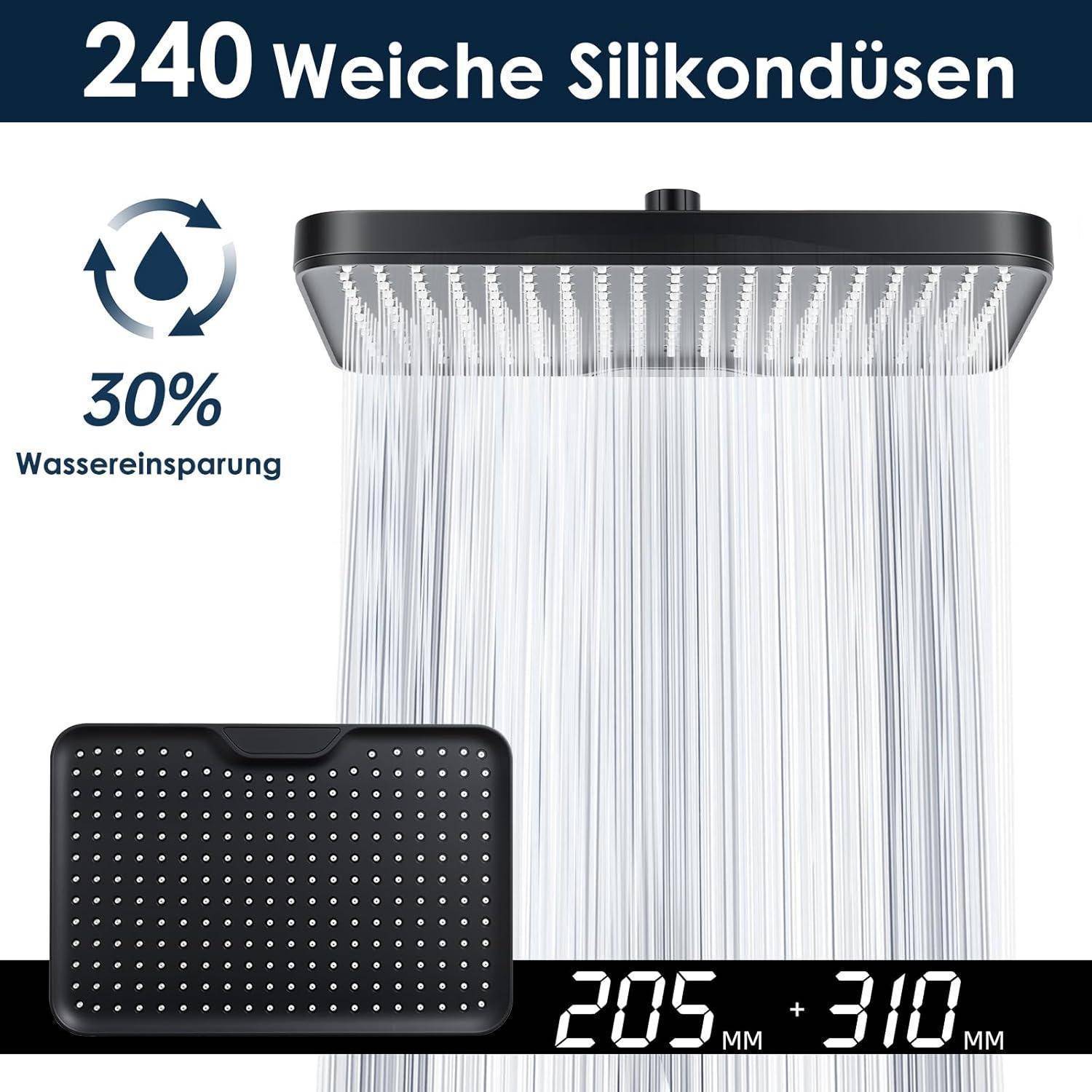 Werbegrafik eines Duschkopfes mit 240 weichen Silikonflüsen, die 30% Wassereinsparung zeigt und verstellbare Größen von 205 mm und 310 mm.