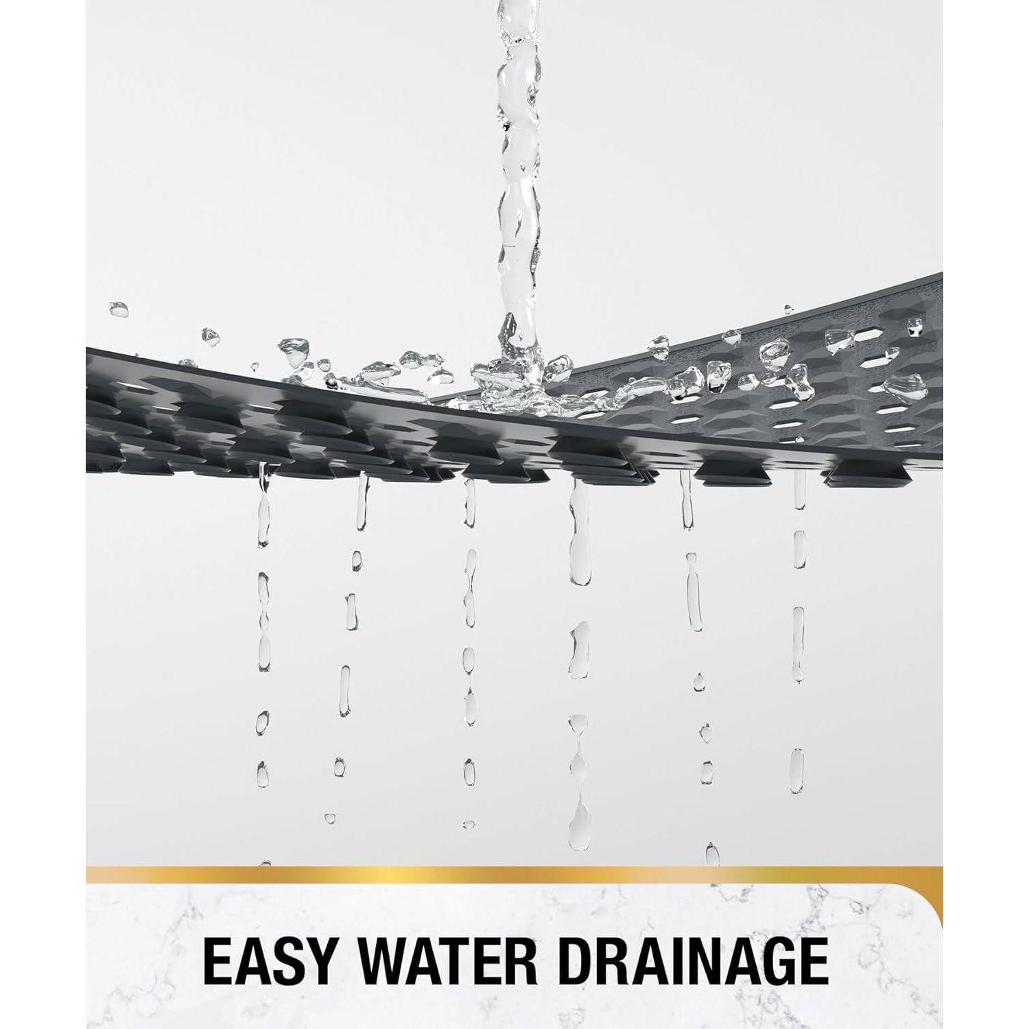 Wasser, das durch eine Netzoberfläche fließt, mit der Beschriftung „EINFACHE WASSERENTWÄSSERUNG".