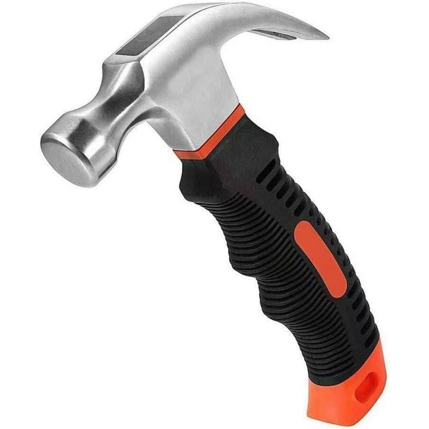 Nahaufnahme eines Klauhammers mit silbernem Metallkopf und schwarz-orange strukturiertem Griff auf weißem Hintergrund.