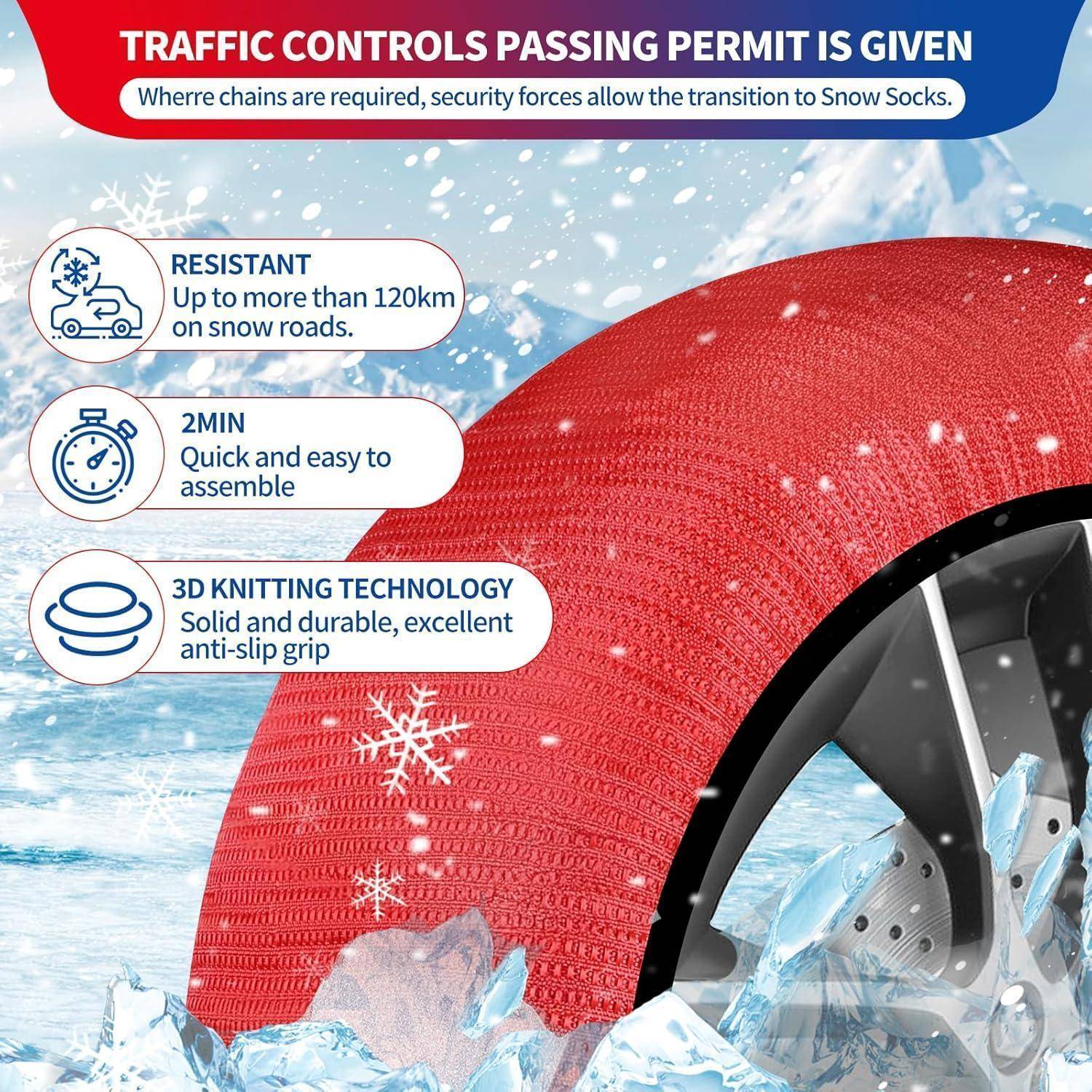 Werbegrafik für Schneesocken mit der Aufschrift „Verkehrsregelungspassierschein wird erteilt