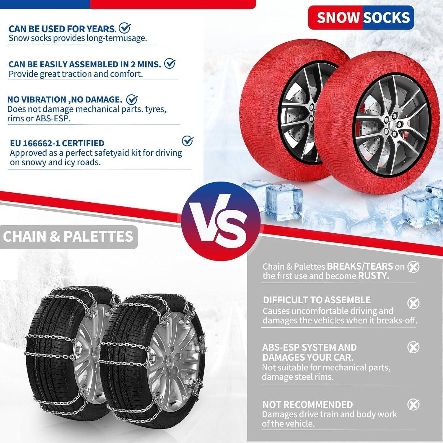 Schneesocken Auto Schneeketten EN16662-1 Homologiert Zwei Schneesocken Textil Schneeketten Auto Snow Chains Schneekette Größe L für R14 - R20 Abrie