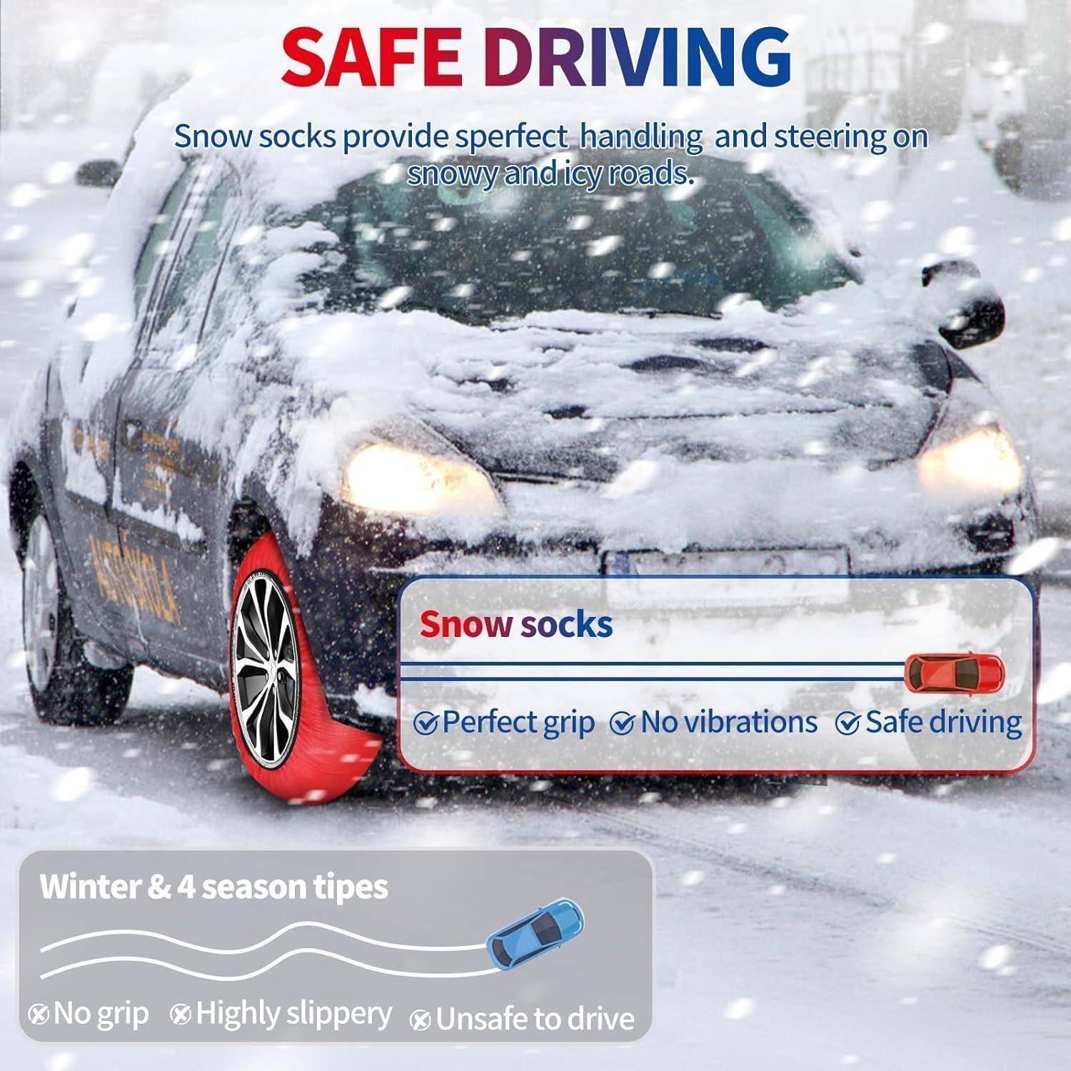 Mit Schnee bedecktes Auto mit roten Schneesocken an dem Vorderreifen, das 