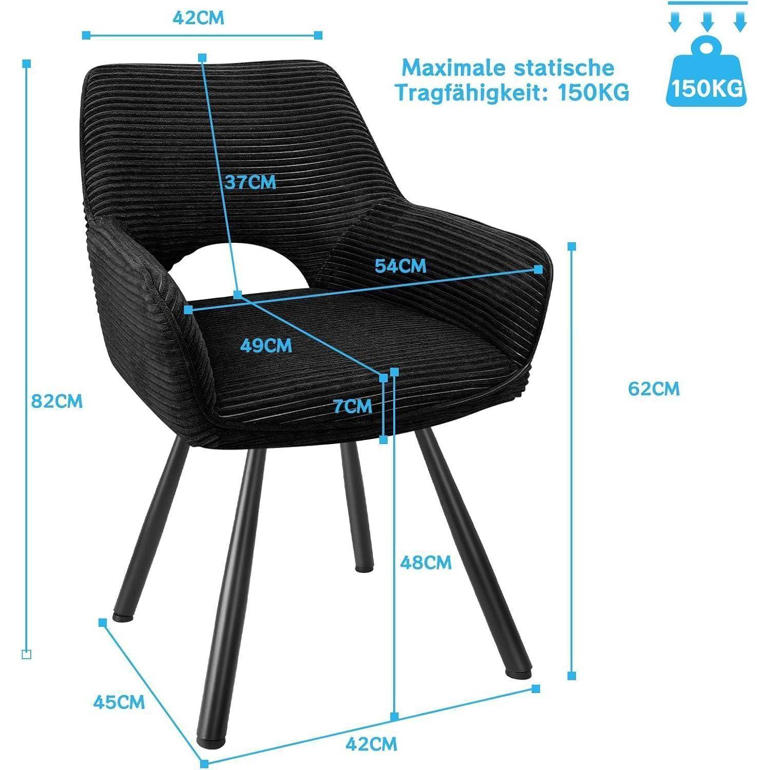Schwarzer gepolsterter Stuhl mit blauen Maßstabbezeichnungen, die folgende Größen zeigen: 42 cm breit, 82 cm hoch, maximale Belastung von 150 kg, und Sitzmessungen einschließlich 54 cm Tiefe und 48 cm Sitzhöhe.