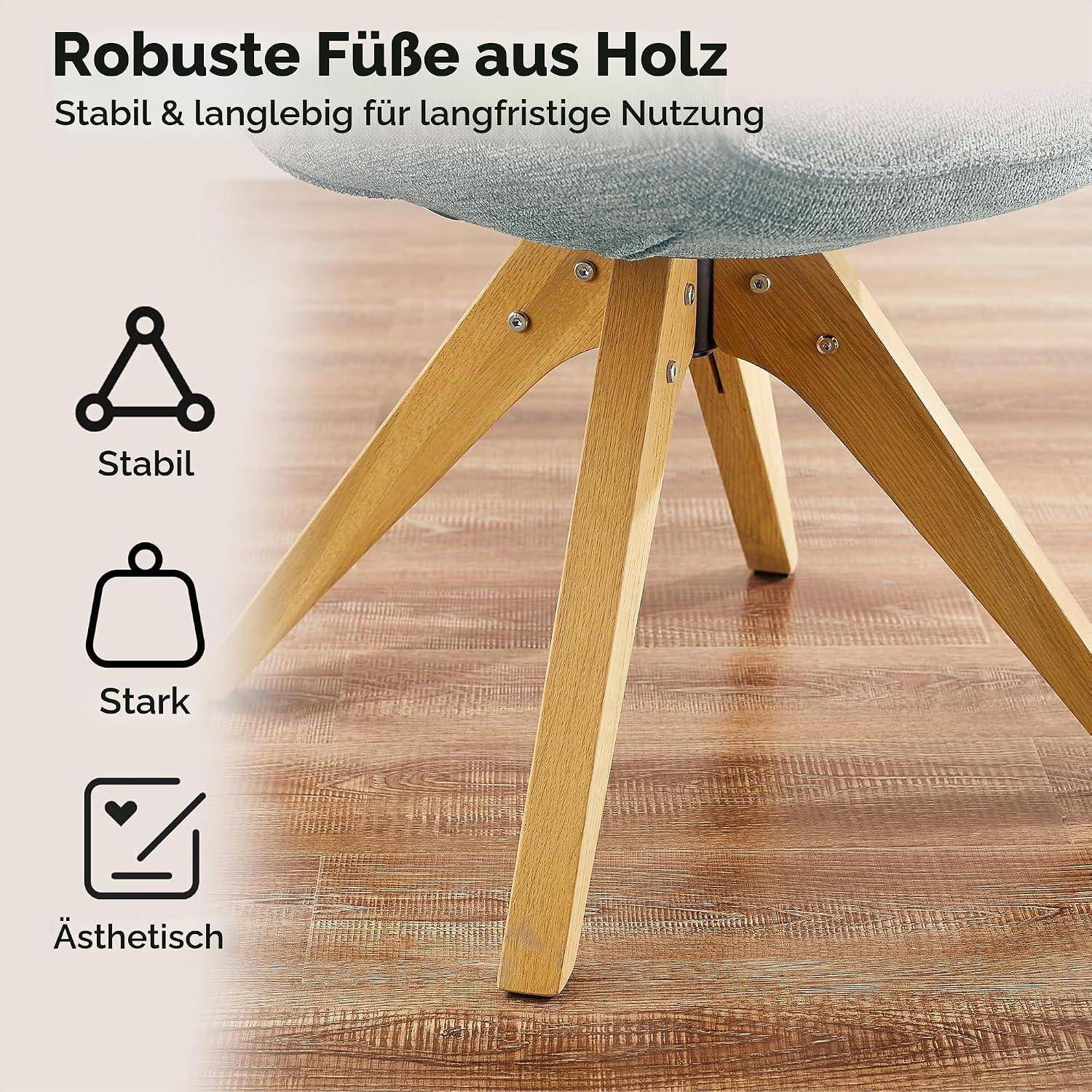 Holzbeine eines Stuhls auf einem Boden mit deutschem Text „Robuste Füße aus Holz