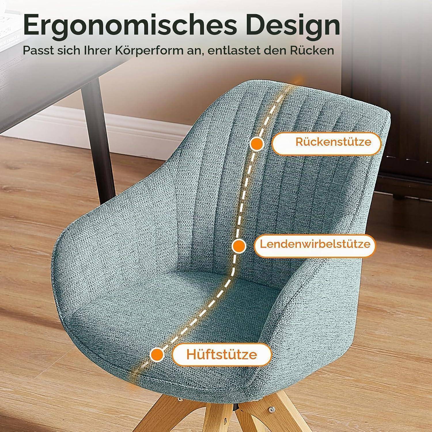 Illustration eines ergonomischen Stuhls mit Ansicht von hinten und von der Seite, die Rückenstütze, Lendenwirbelstütze und Hüftstütze mit entsprechenden Beschriftungen zeigt.