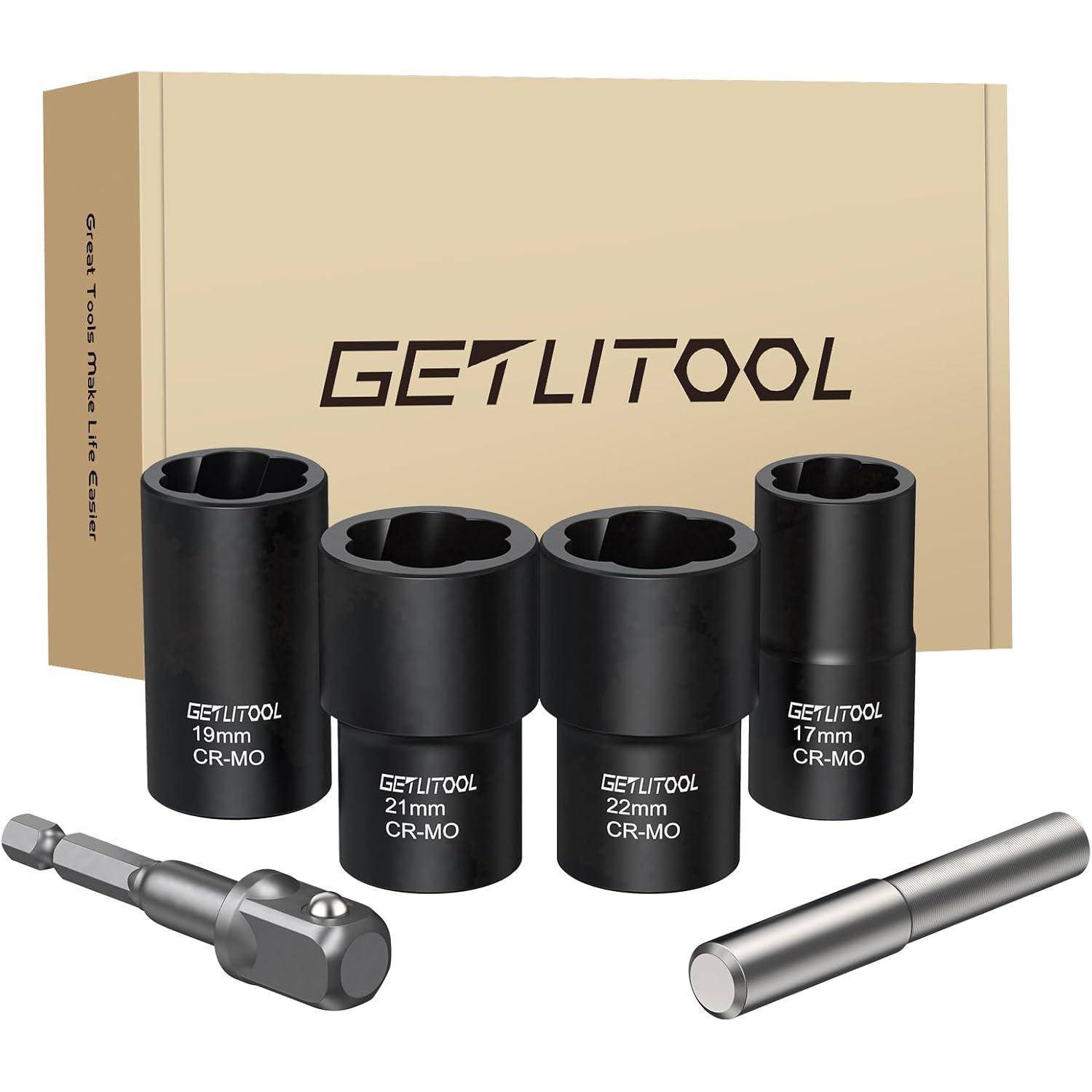 Satz von GETLITOOL Tiefnuss-Adapterschlüsseln und Verlängerungen in einer Schachtel, mit vier schwarzen Nüssen mit den Bezeichnungen 17mm, 19mm, 21mm und 22mm sowie zwei Antriebsaufsätzen.