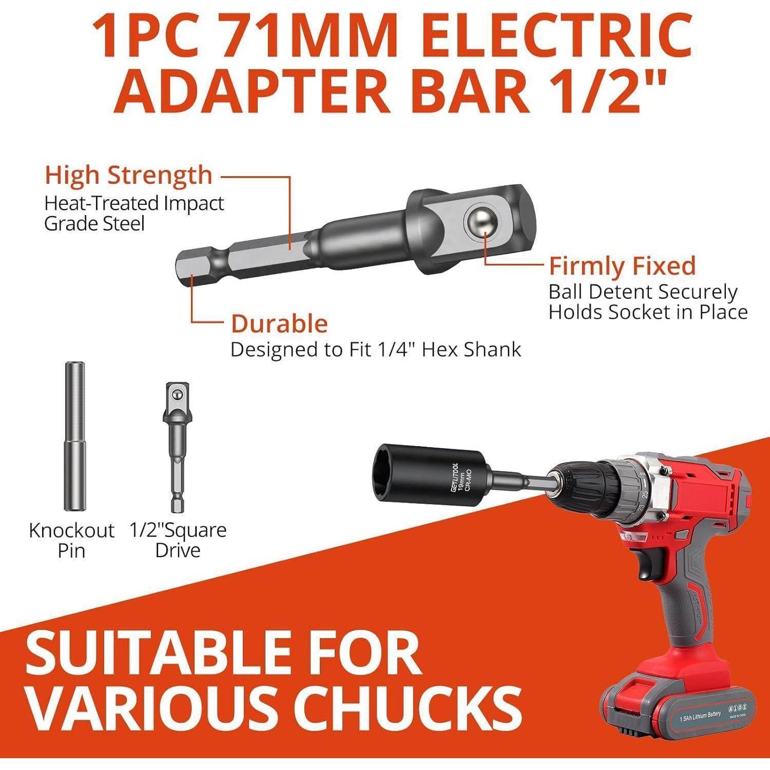 Produktgrafik eines 1er-Satzes 71 mm langer Elektro-Adapter-Stange 1/2", zeigt einen langlebigen wärmbehandelten Stahlsteckadapter mit Kugelfederhalt, geeignet für verschiedene Spannfutter und 1/4"" Sechskantschäfte.