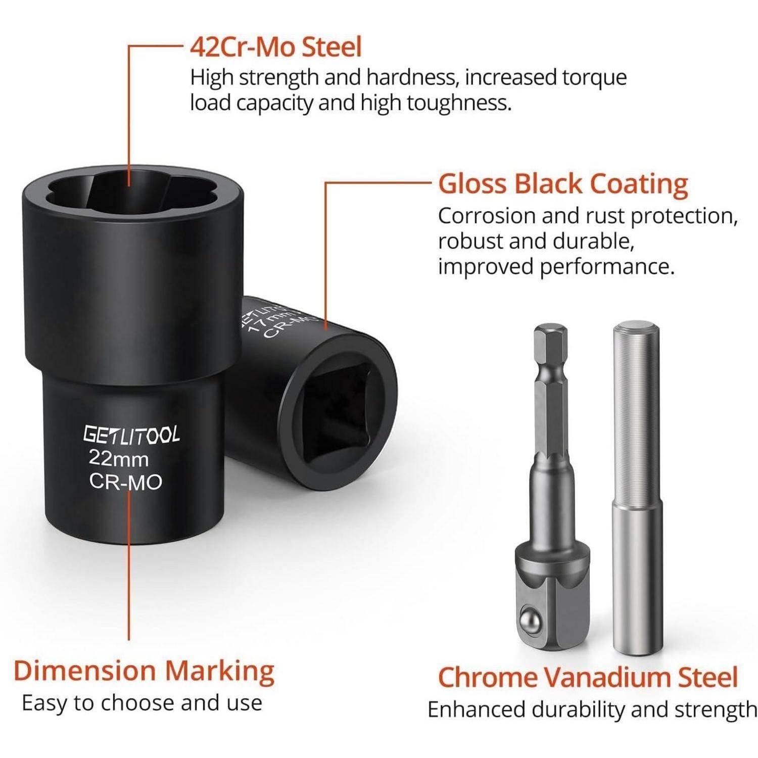 Produktbild einer 22-mm-schwarzen Schlagschutznuss mit Adapter, gekennzeichnet mit 42Cr-Mo-Stahl, hochglanzschwarzer Beschichtung, Chrom-Vanadium-Stahl und Dimensionsmarkierung für Haltbarkeit und Korrosionsbeständigkeit.