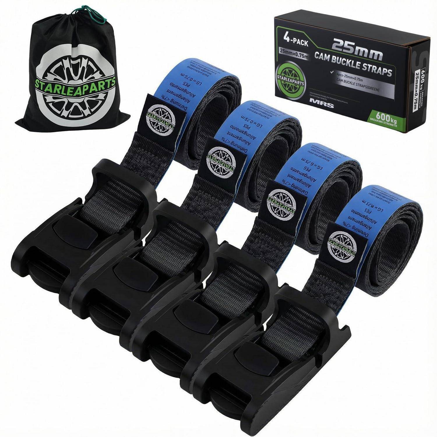 Produktfoto von vier schwarzen 25-mm-Klemmbockgurten in einer Tragetasche, mit Verpackung beschriftet 4er-Pack und 600kg.