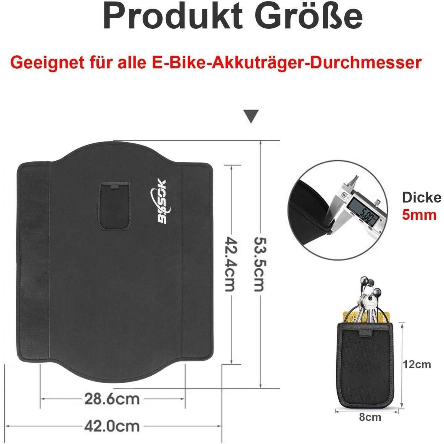 Produktgrößendiagramm für eine E-Bike-Batterieabdeckung, die für alle Batterieträger-Durchmesser passt; Abmessungen 42,0 cm breit, 53,5 cm hoch, 28,6 cm innere Breite und 5 mm Dicke, plus eine kleine Beispielgröße von 12 x 8 cm.