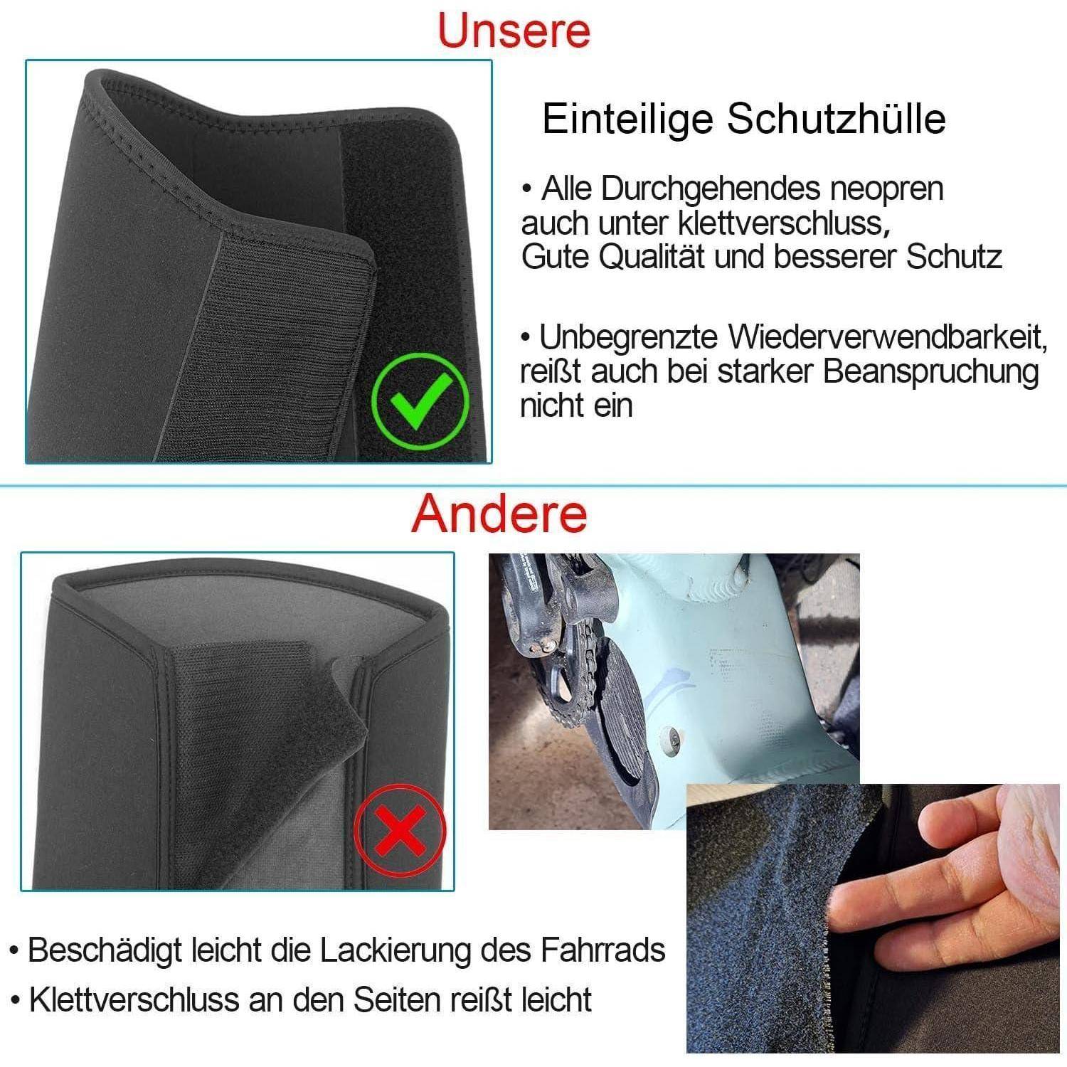 Vergleich unserer einteiligen Neopren-Schutzabdeckung mit anderen: unsere hat vollständige Abdeckung mit grünem Häkchen; andere beschädigen Fahrzeuglack und reißen leicht, gekennzeichnet mit rotem X.