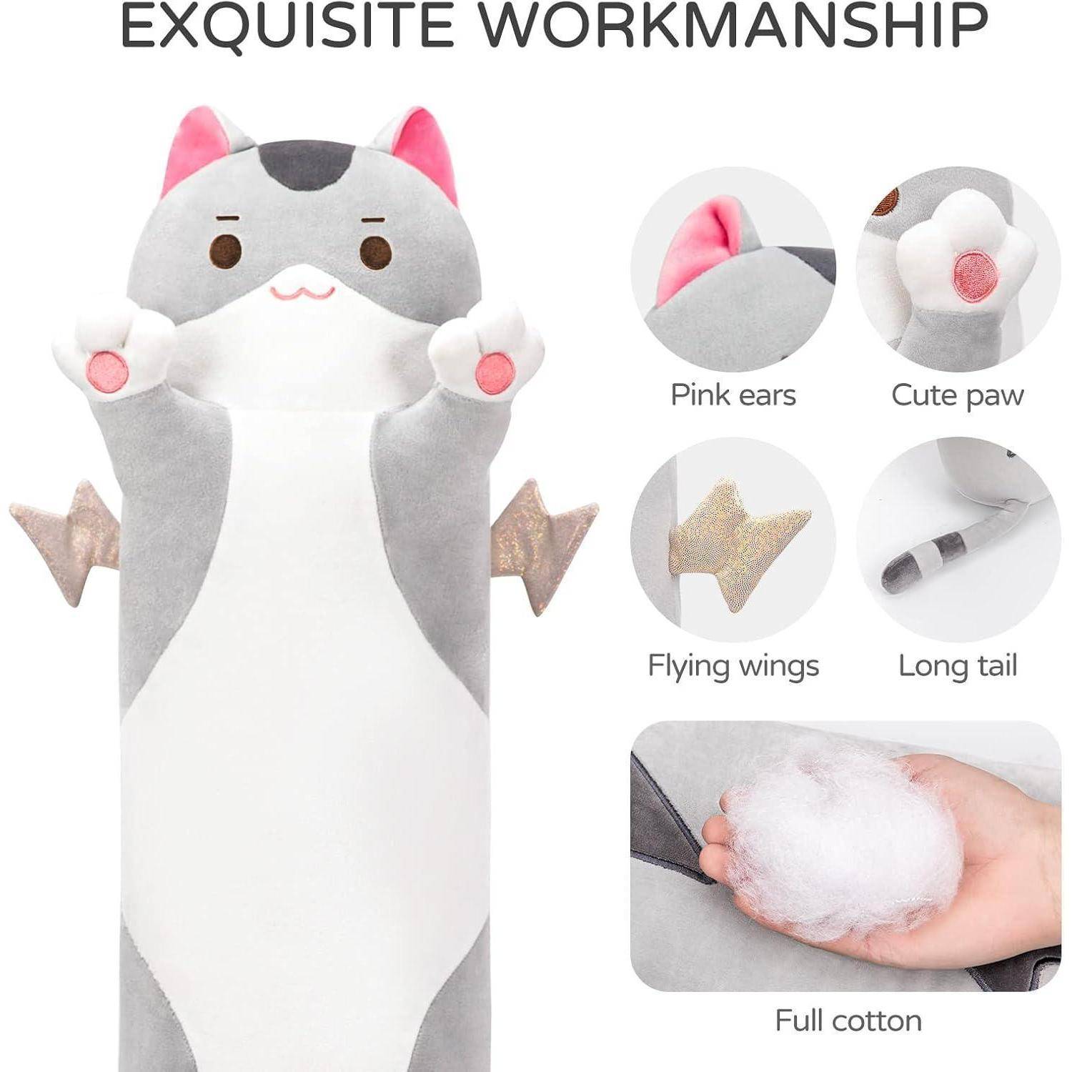 Mewaii 130CM Kuscheltier Kawaii Katzen Plüsch Kissen Grau Stofftiere Lang Kätzchen Plüschtier Ausgestopftes Tier Spielzeug Kuschelkissen Geschenk