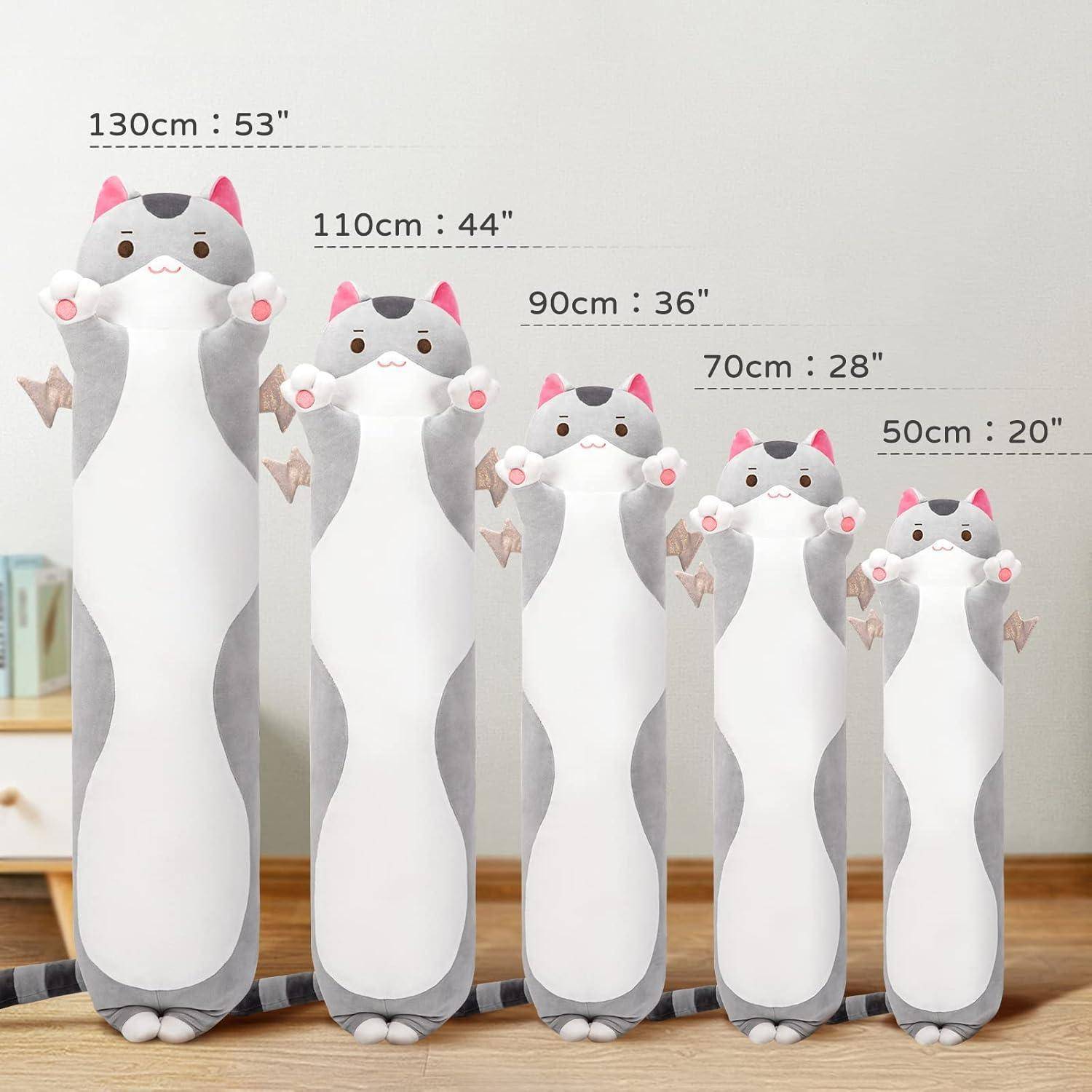 Mewaii 130CM Kuscheltier Kawaii Katzen Plüsch Kissen Grau Stofftiere Lang Kätzchen Plüschtier Ausgestopftes Tier Spielzeug Kuschelkissen Geschenk