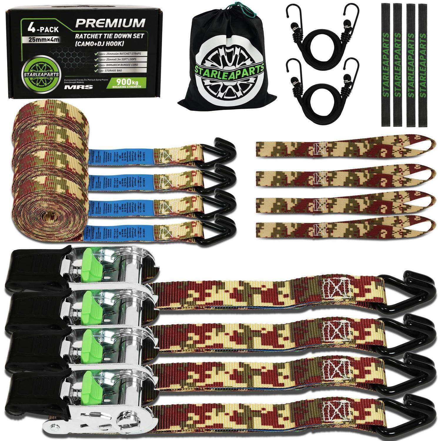 Premium 4er-Set Ratschengurte mit Camouflage-Riemen, Haken, Schnallen, Tragetasche und Zubehörkordeln in Produktlayout-Darstellung.