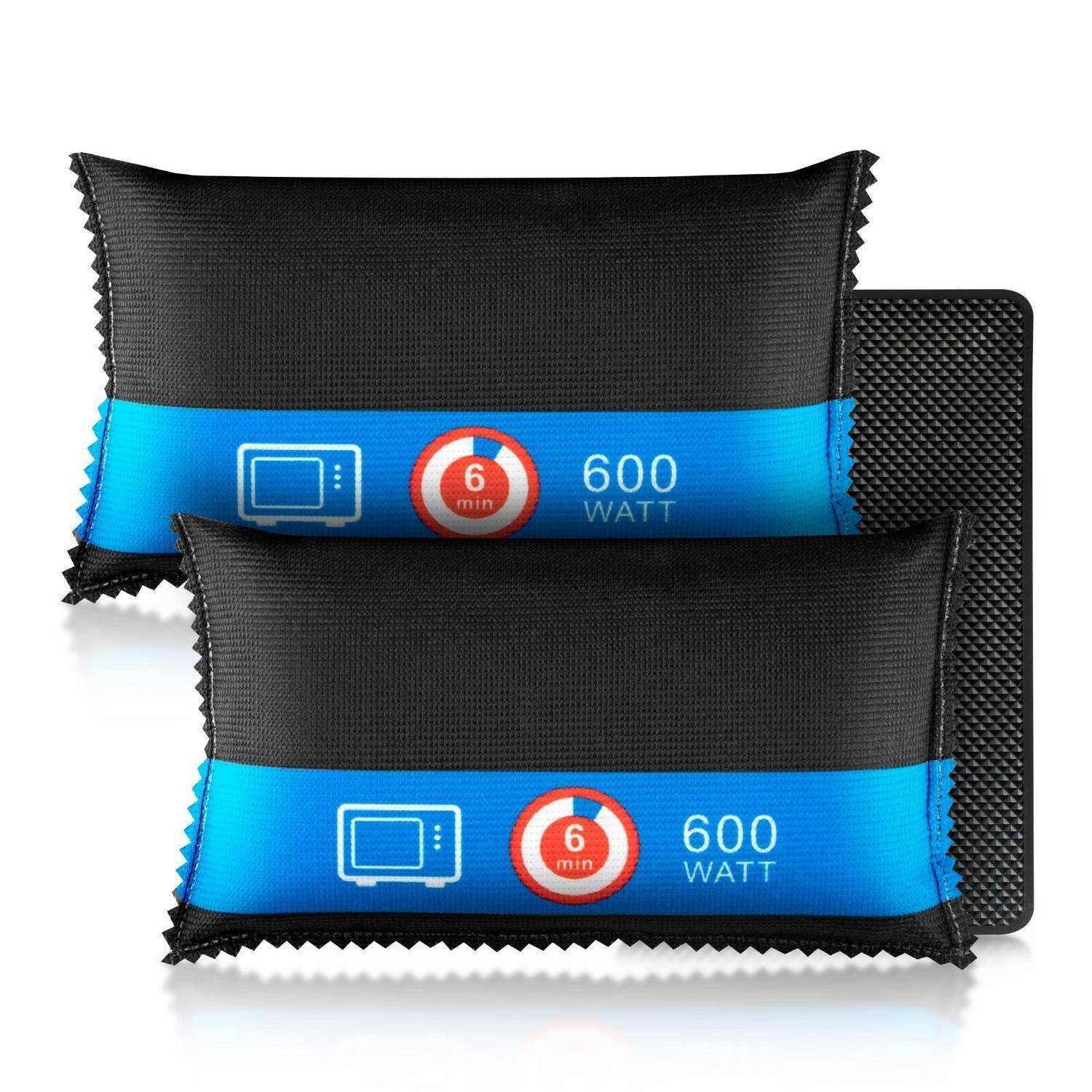 Zwei schwarze Kühlgelpack mit blauen Etiketten, die ein Mikrowellensymbol, „6 min