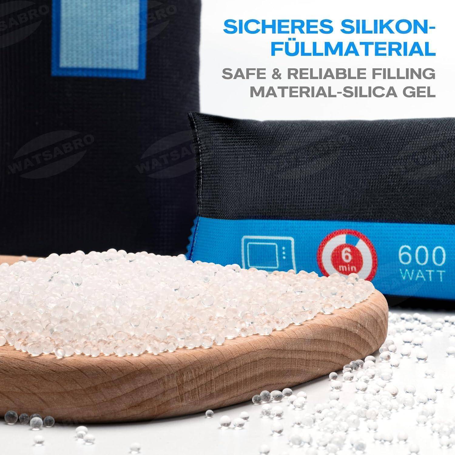 Silicagel-Perlen in einem Holztablett angezeigt mit einer schwarz-blauen Trockentasche mit der Aufschrift 