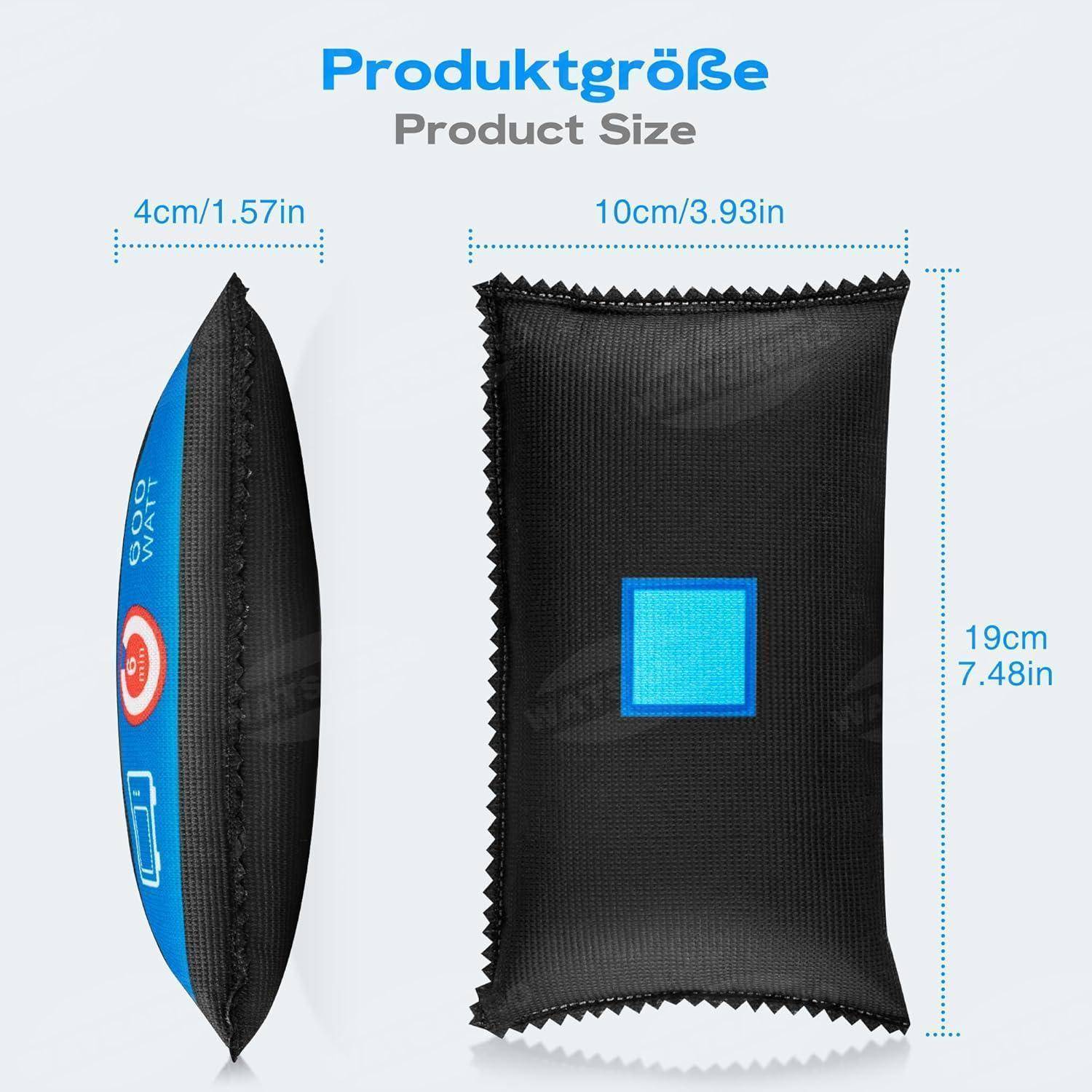 Produktgrößendiagramm mit einer schwarzen Tasche mit Abmessungen von 10 cm Breite, 19 cm Höhe und 4 cm Dicke.