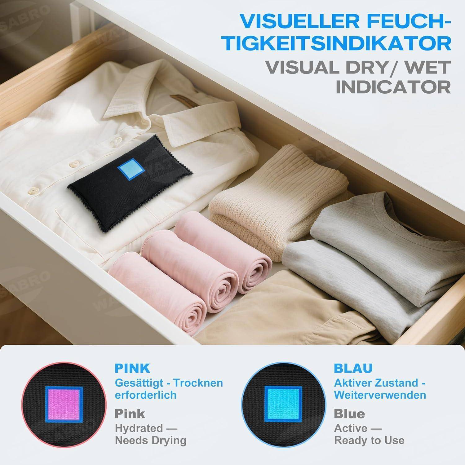 Kleiderschrank-Organizer mit visuellem Trocken-/Feuchtigkeitsindikator auf einem schwarzen Stoffmuster, wobei Rosa bedeutet, dass es hydratisiert ist und getrocknet werden muss, und Blau bedeutet, dass es aktiv und einsatzbereit ist.