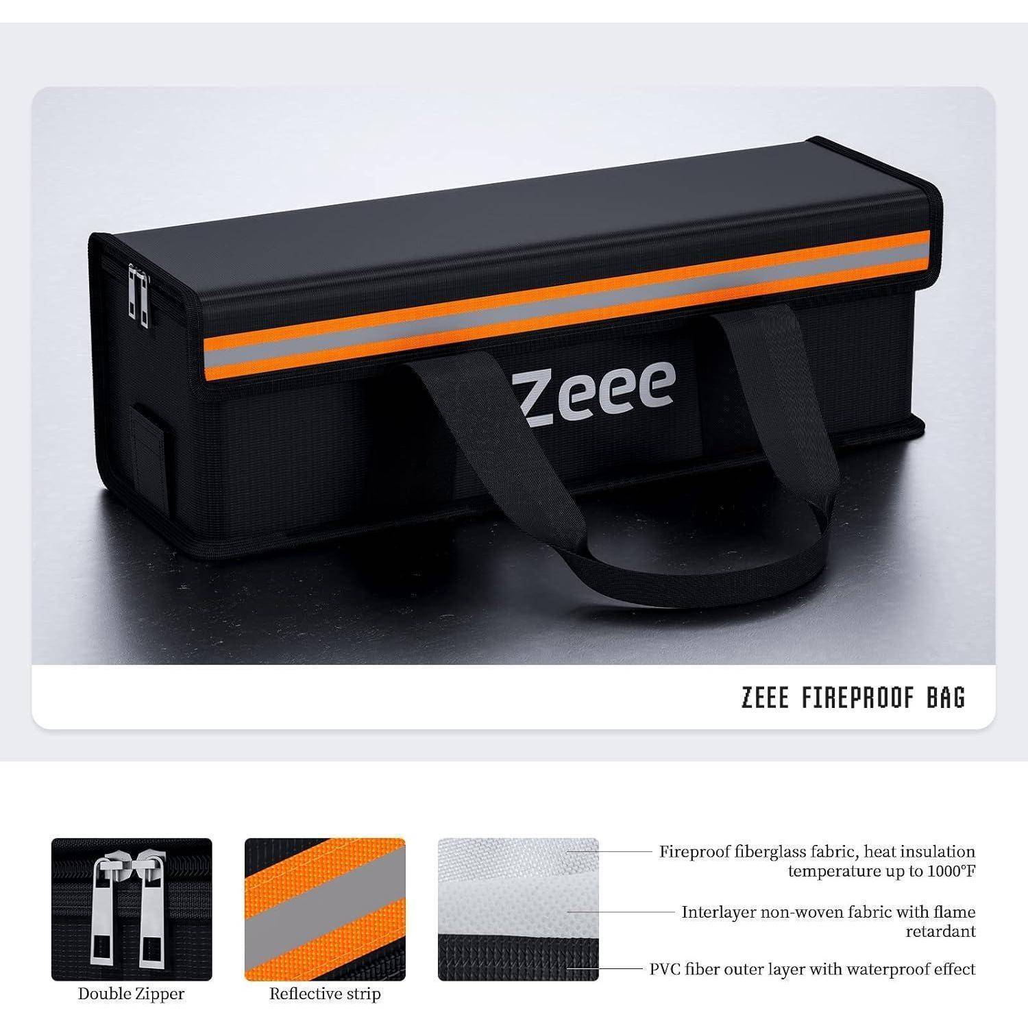 Produktbild einer schwarzen Zeee-Feuerschutztasche mit orangenem reflektierendem Streifen und Griffen, sowie Nahaufnahmen mit Bezeichnungen für Doppelreißverschluss und wärmefeste Schichtmaterialien.