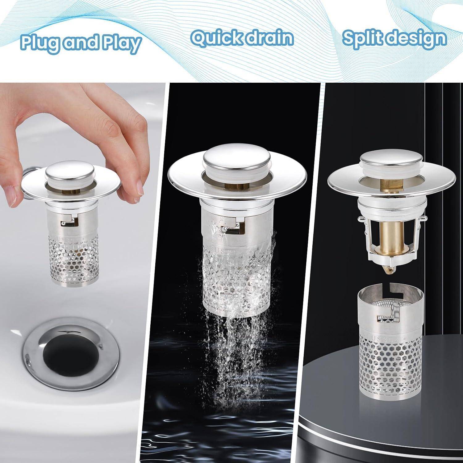 Werbegrafikeines Pop-up-Waschbeckenverschlusses mit den Funktionen „Plug and Play