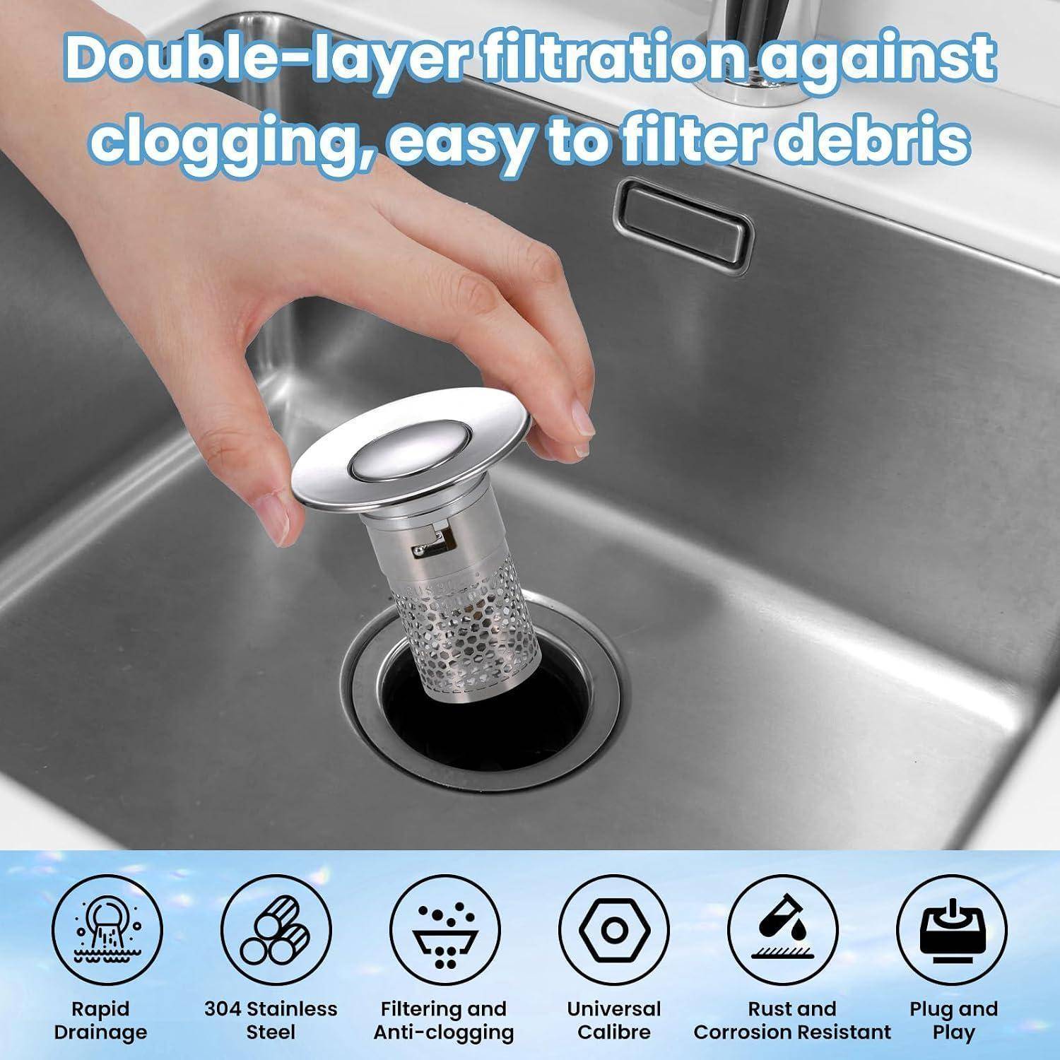 Hand legt doppellagiges Spülbeckensieb in ein Edelstahlspülbecken; Text besagt „Doppellagige Filtration gegen Verstopfung, einfache Filterung von Verschmutzungen