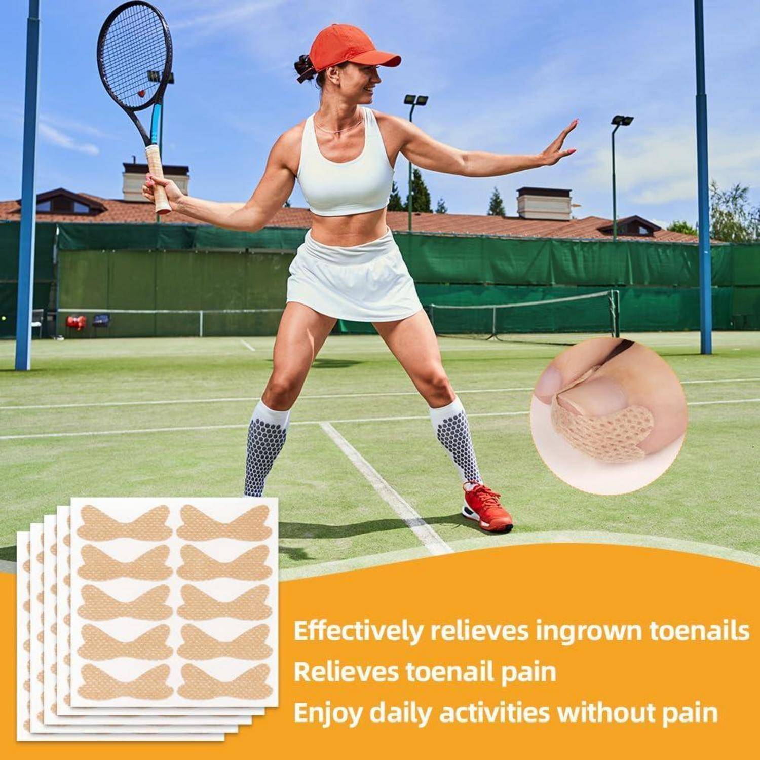 Tennisspieler auf dem Platz mit vergrößertem Ausschnitt eines Eingewachsener-Zehennagel-Pflasters und Text: „Lindert eingewachsene Zehennägel wirksam