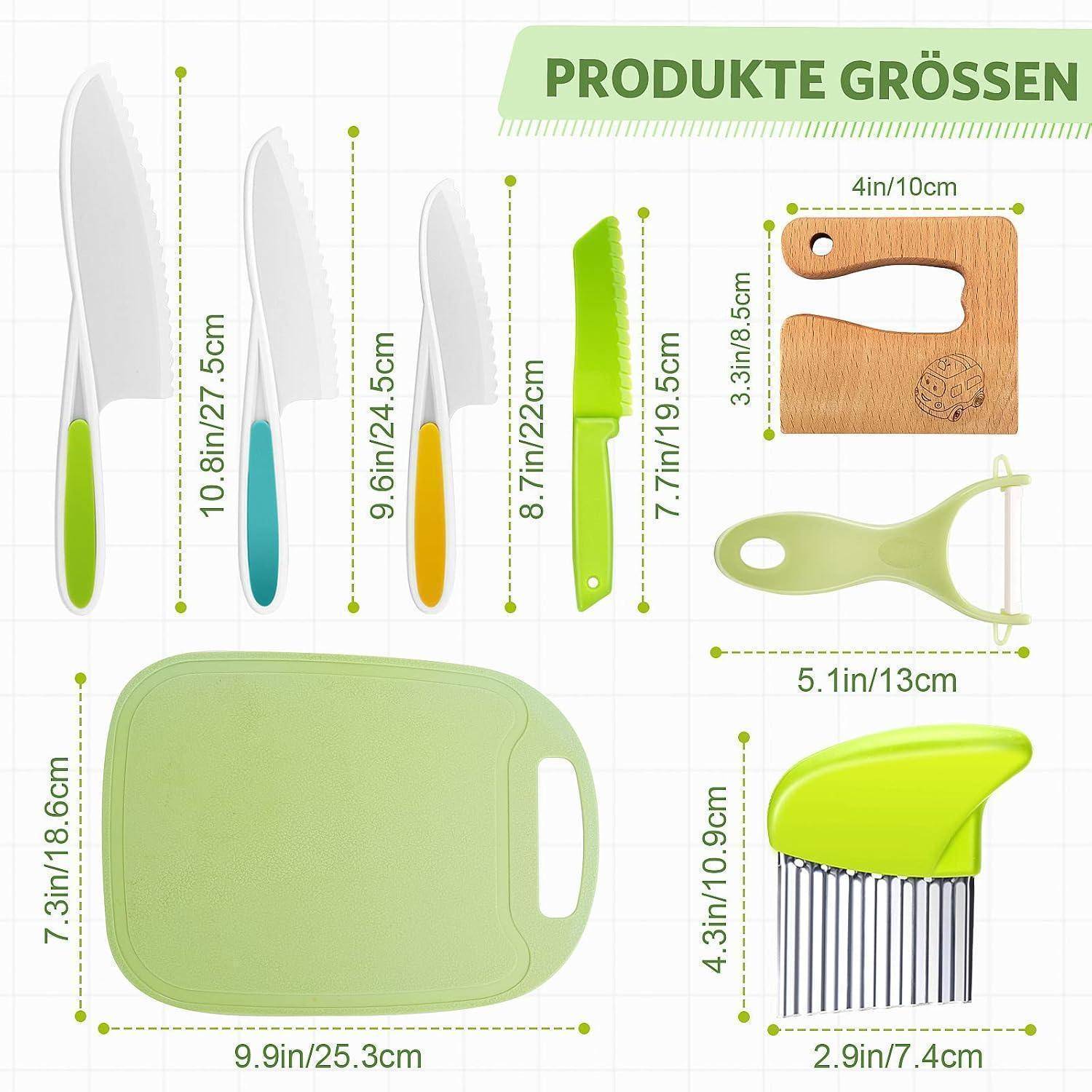 Größentabelle für Produkte mit mehreren Küchengeräten und Schneidebrettern mit ihren Abmessungen in Zoll und Zentimetern.