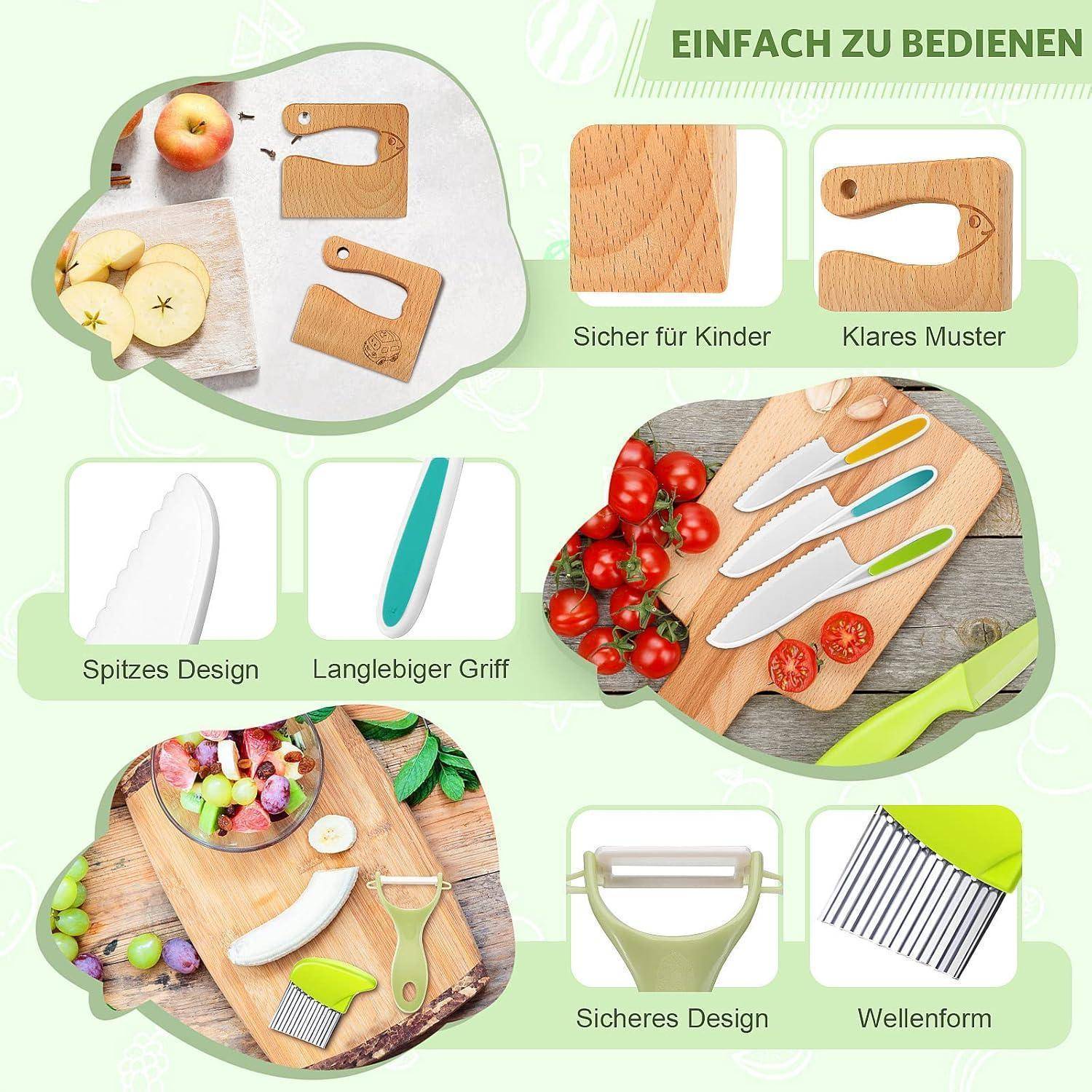 Infografik eines Gemüseschälers mit Hervorhebung von einfacher Handhabung, Kindersicherheit, klarer Klingenform, ergonomischem Griff, sicherem Design und gewellter Schneitoption.