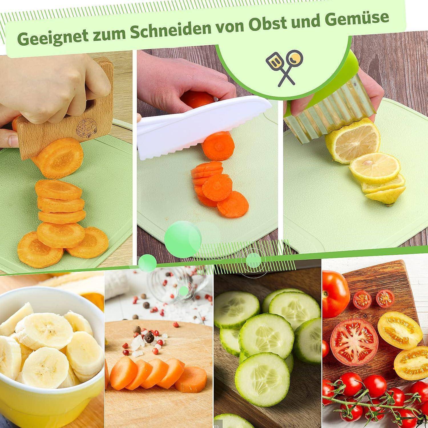 Collage mit einem kindersicheren Waffelpapierersteller beim Schneiden von Obst und Gemüse wie Karotten, Zitronen, Gurken, Bananen und Tomaten; Text besagt „Geeignet zum Schneiden von Obst und Gemüse" (geeignet zum Schneiden von Obst und Gemüse).