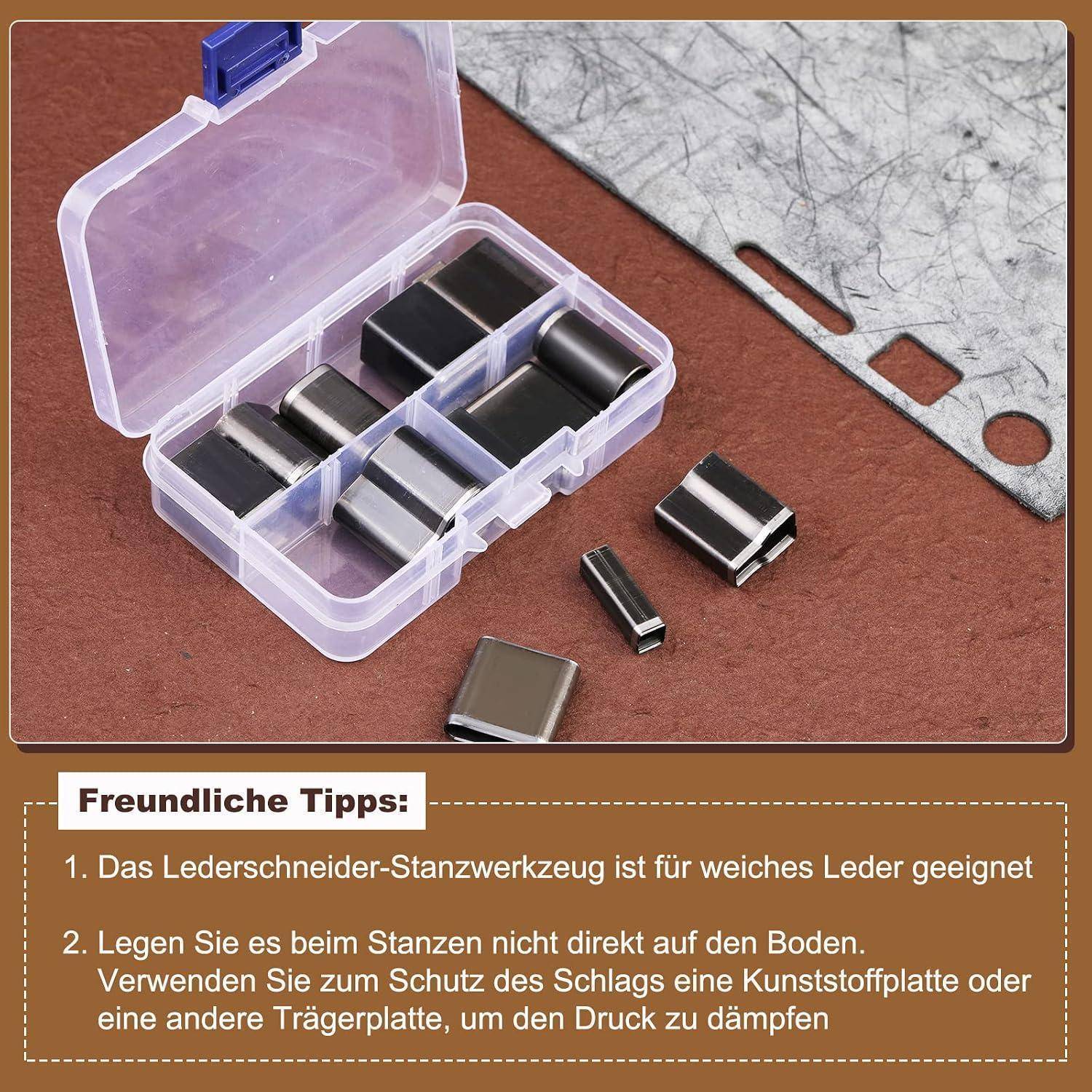 Kunststoffgehäuse enthält Lederlochstempel neben einer Metallschneideplatte; deutsche Tipptexte raten, das Werkzeug für weiches Leder zu verwenden und eine Schutzunterlage zu nutzen.