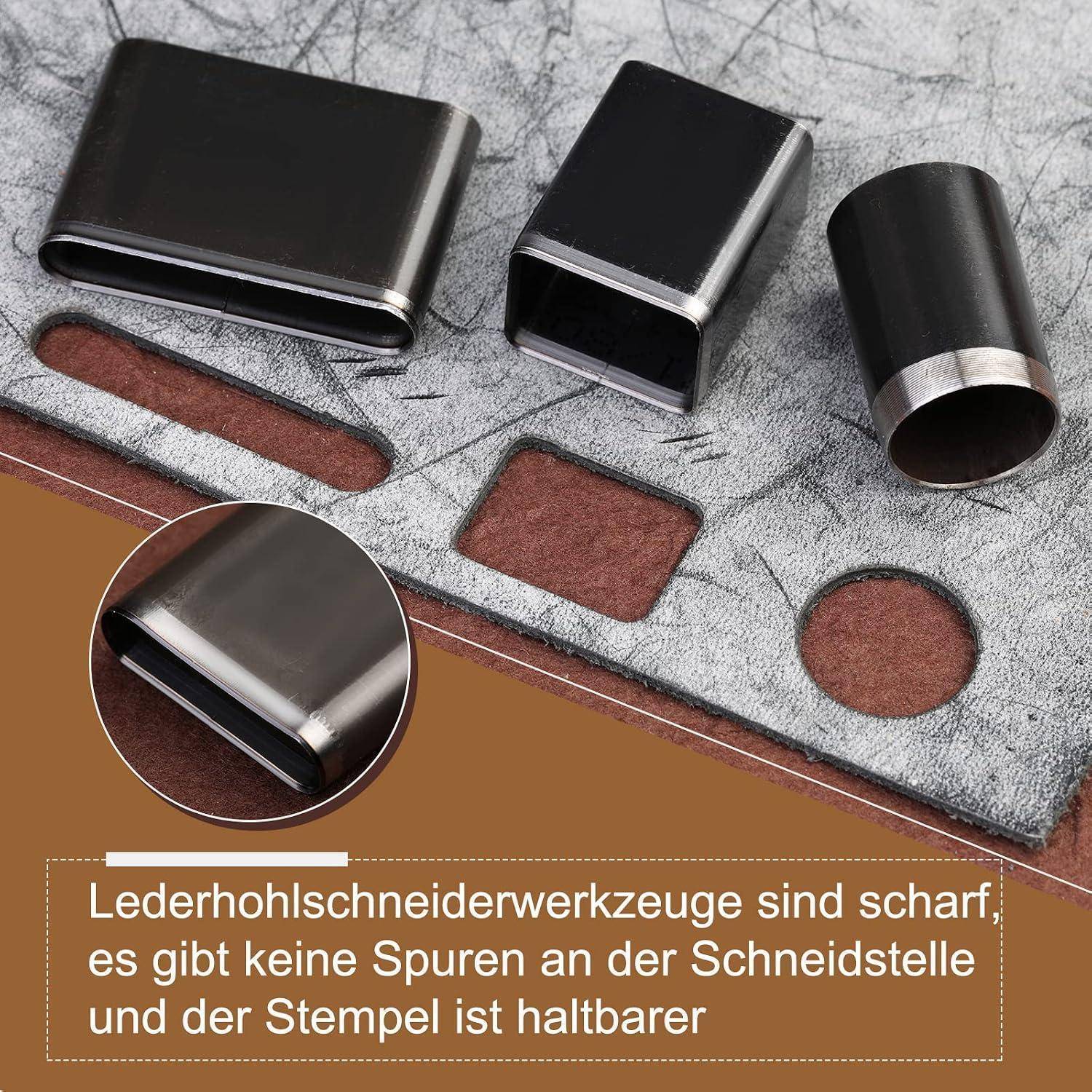# Foto von drei Lederbearbeitungswerkzeugen und Beispielausschnitten mit deutschem Text, der besagt, dass die Werkzeuge scharf sind, keine Schnittspuren hinterlassen und der Stempel langlebig ist.